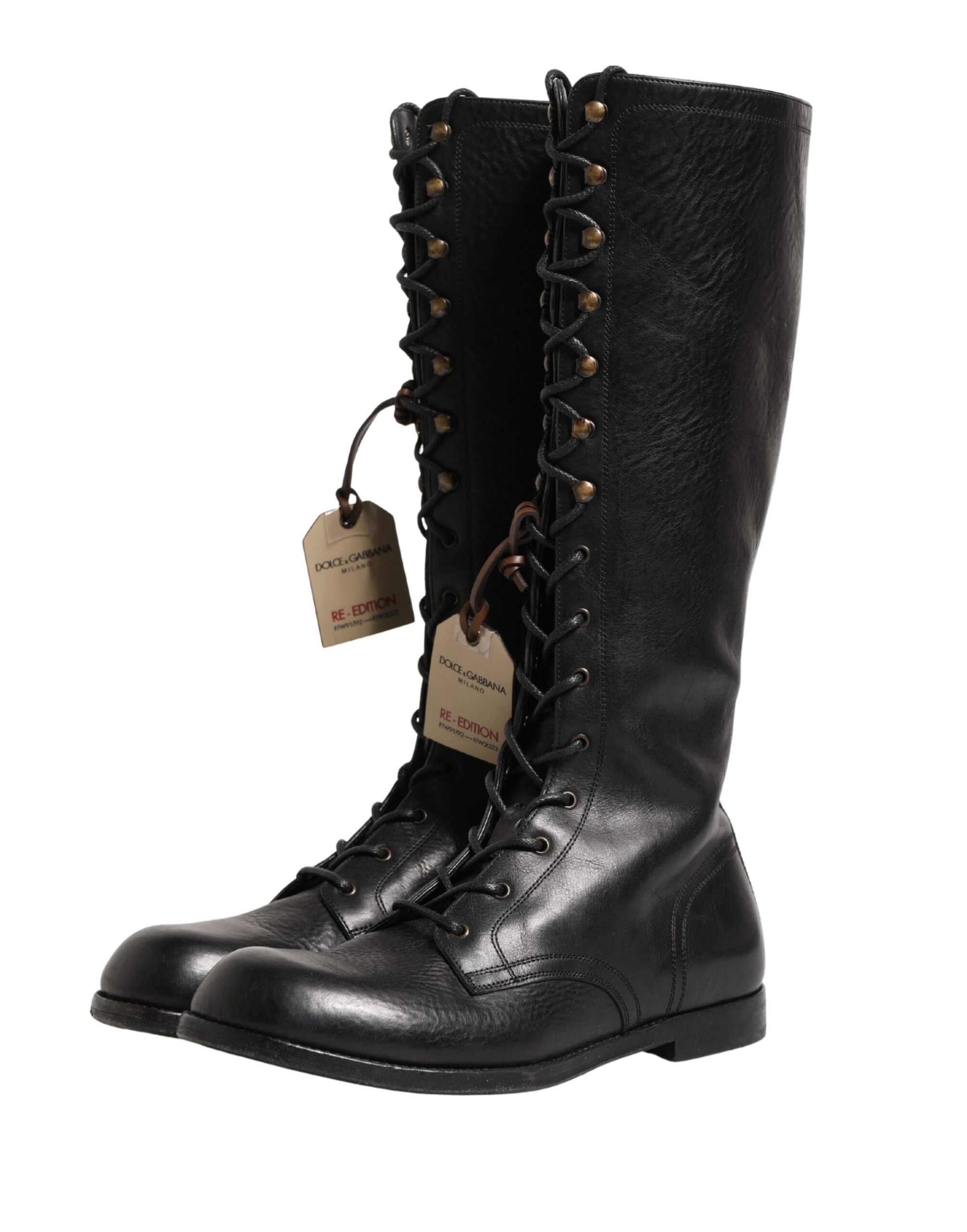 Dolce & Gabbana Re-Edition Black Leather Lace Up Boots Shoes - Luxe Marca