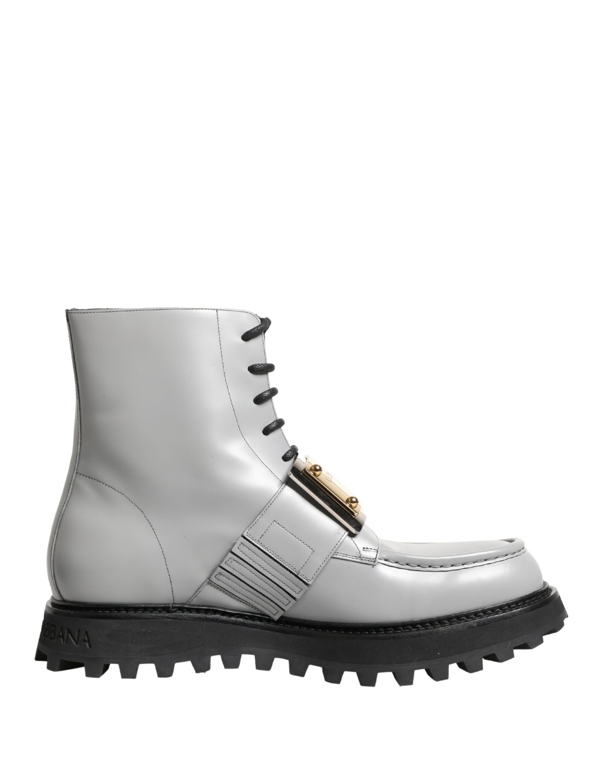 Dolce & Gabbana Gray Leather Logo Plaque Ankle Boots Shoes - Luxe Marca