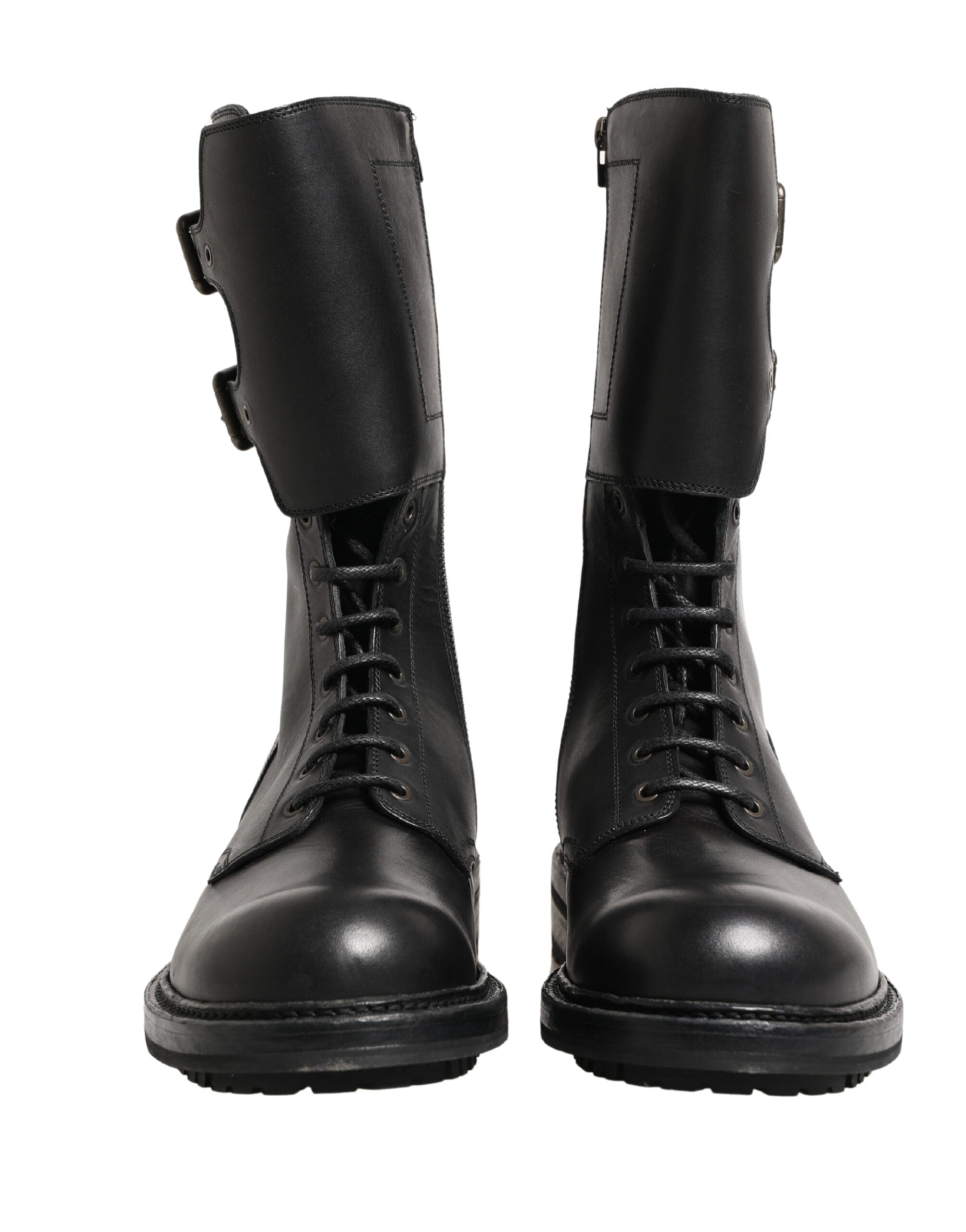 Dolce & Gabbana Black Leather Belted Buckle Combat Boots Shoes