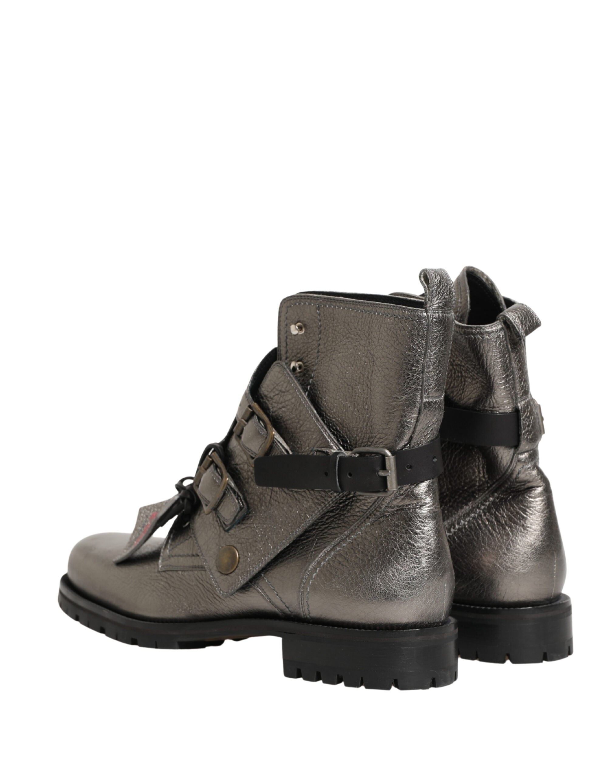 Dolce & Gabbana Metallic Silver Leather Buckle Ankle Boots Shoes - Luxe Marca