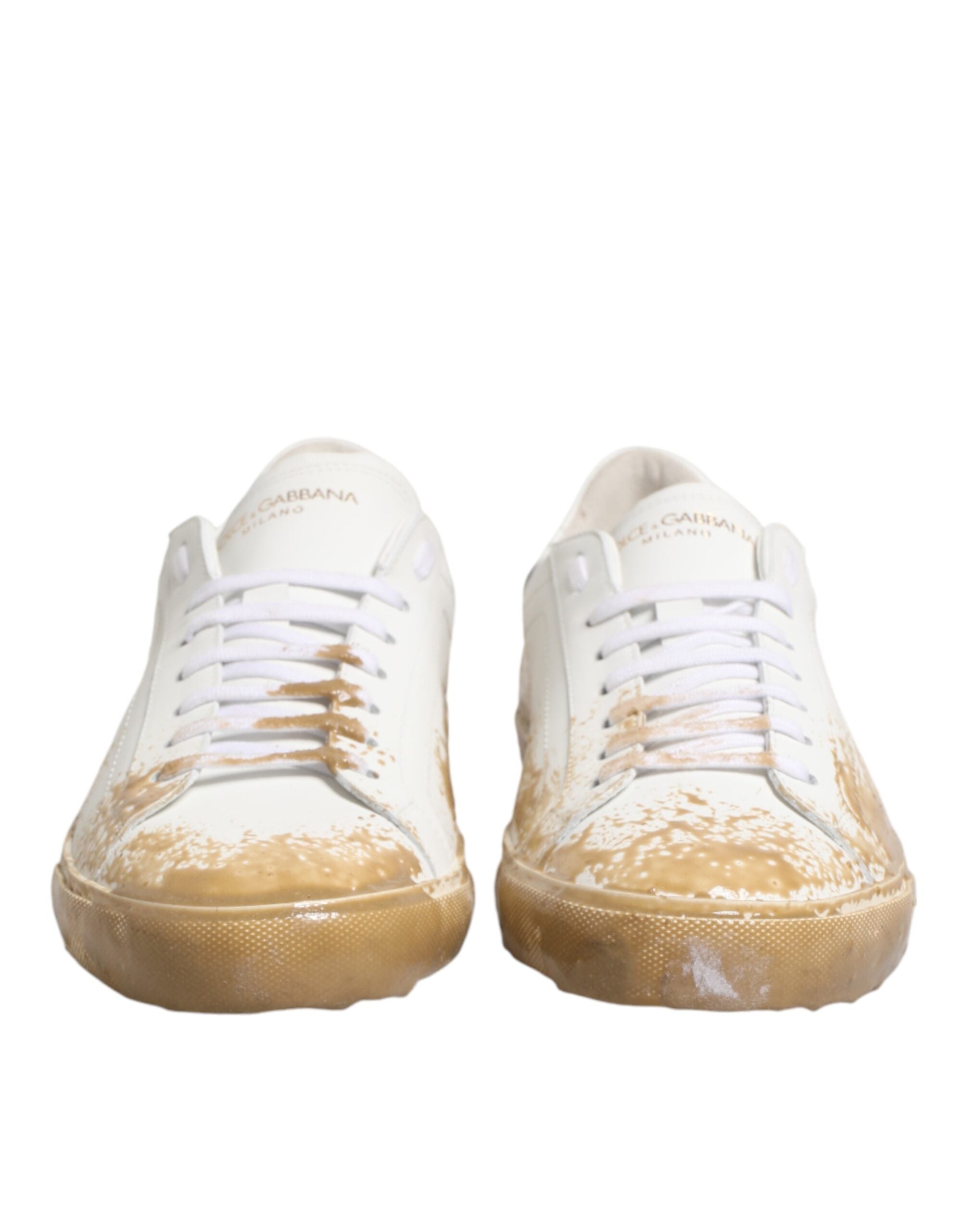 Dolce & Gabbana White Leather Paint Effect Low Top Sneakers Shoes - Luxe Marca
