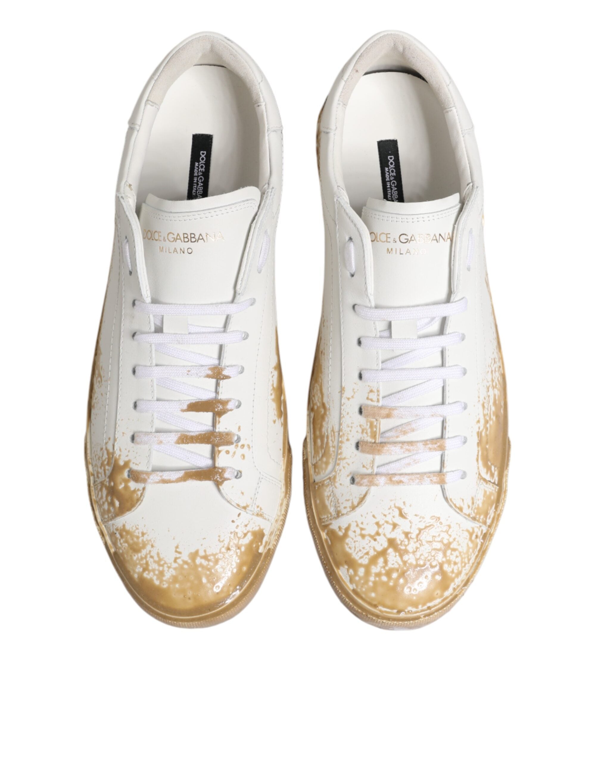 Dolce & Gabbana White Leather Paint Effect Low Top Sneakers Shoes - Luxe Marca