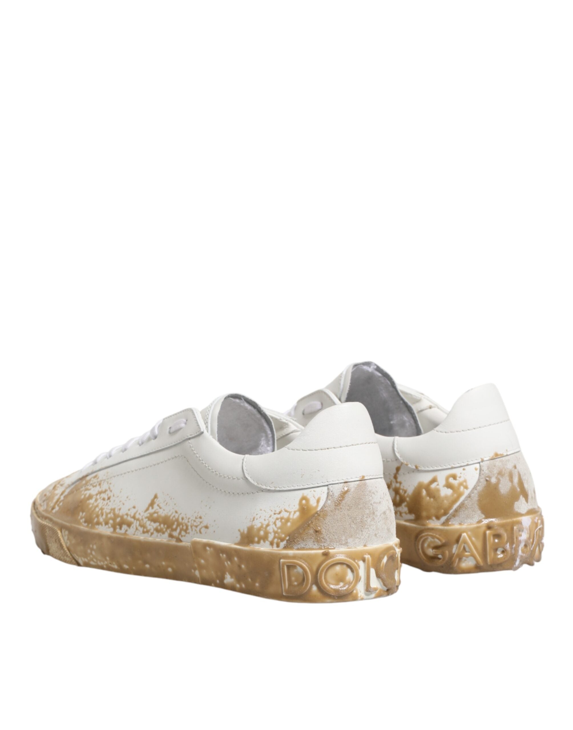 Dolce & Gabbana White Leather Paint Effect Low Top Sneakers Shoes - Luxe Marca
