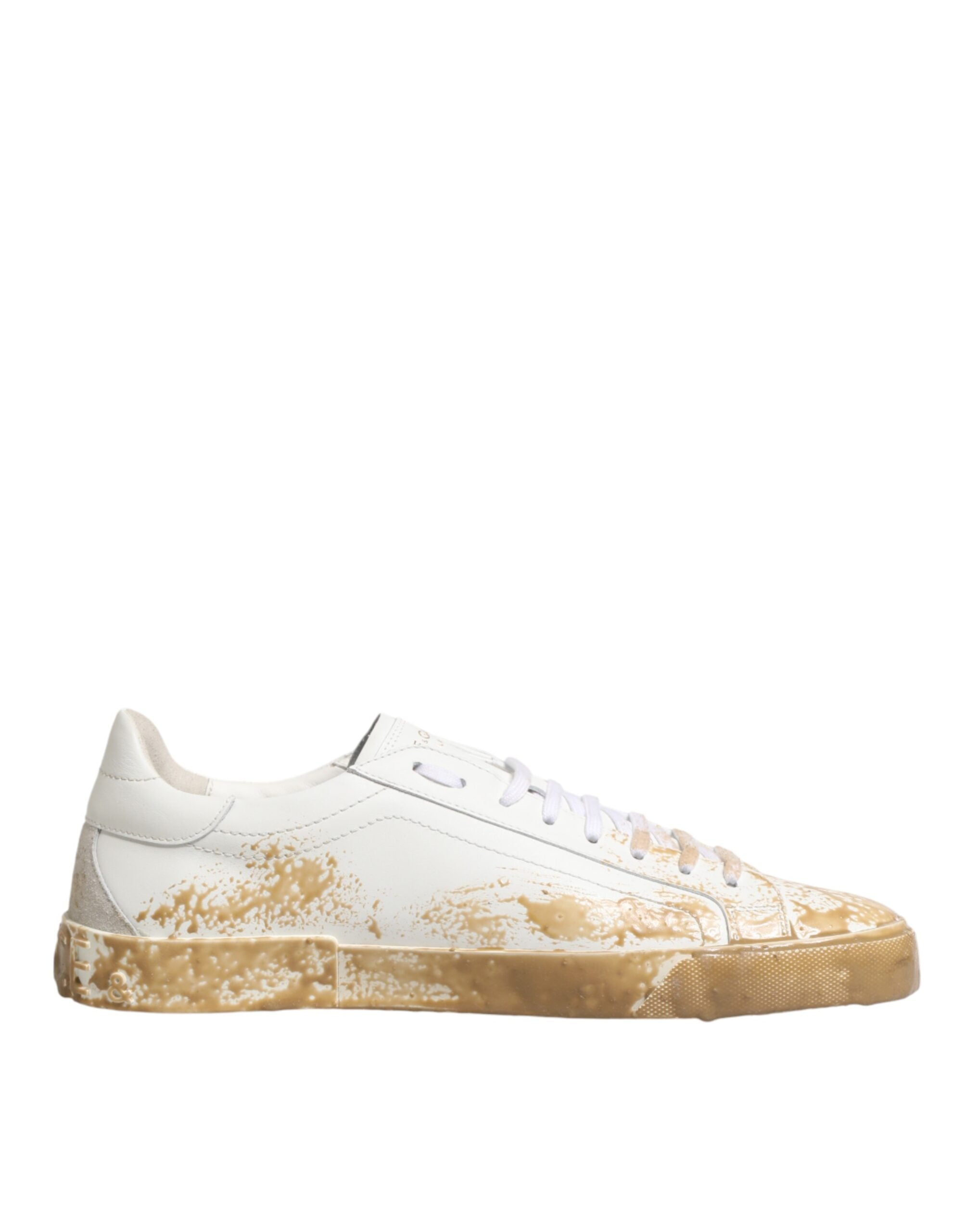 Dolce & Gabbana White Leather Paint Effect Low Top Sneakers Shoes - Luxe Marca