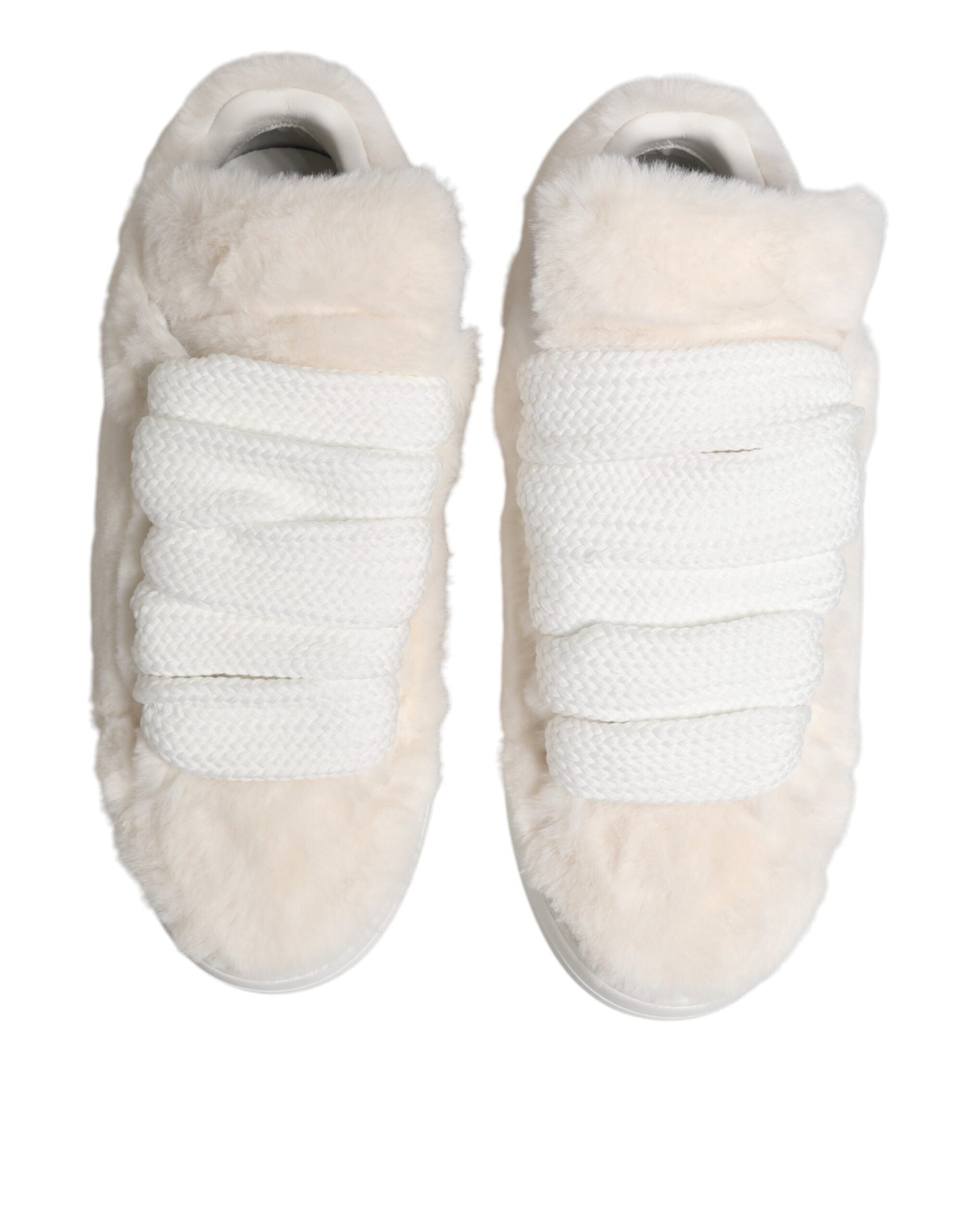 Dolce & Gabbana White Shearling Fur Bianco Low Top Sneakers Shoes - Luxe Marca