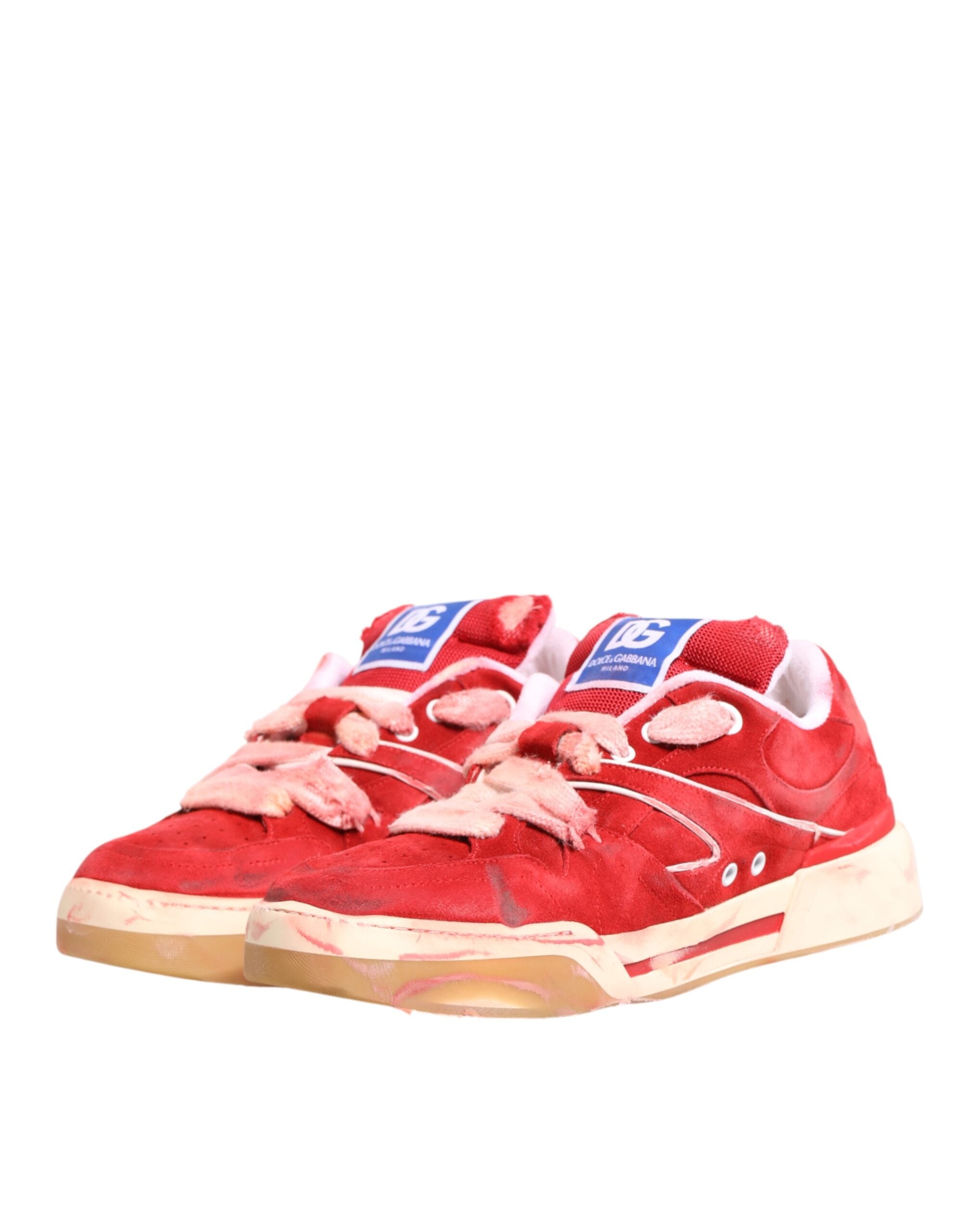 Dolce & Gabbana Red White Suede DG Logo Low Top Sneakers Shoes - Luxe Marca