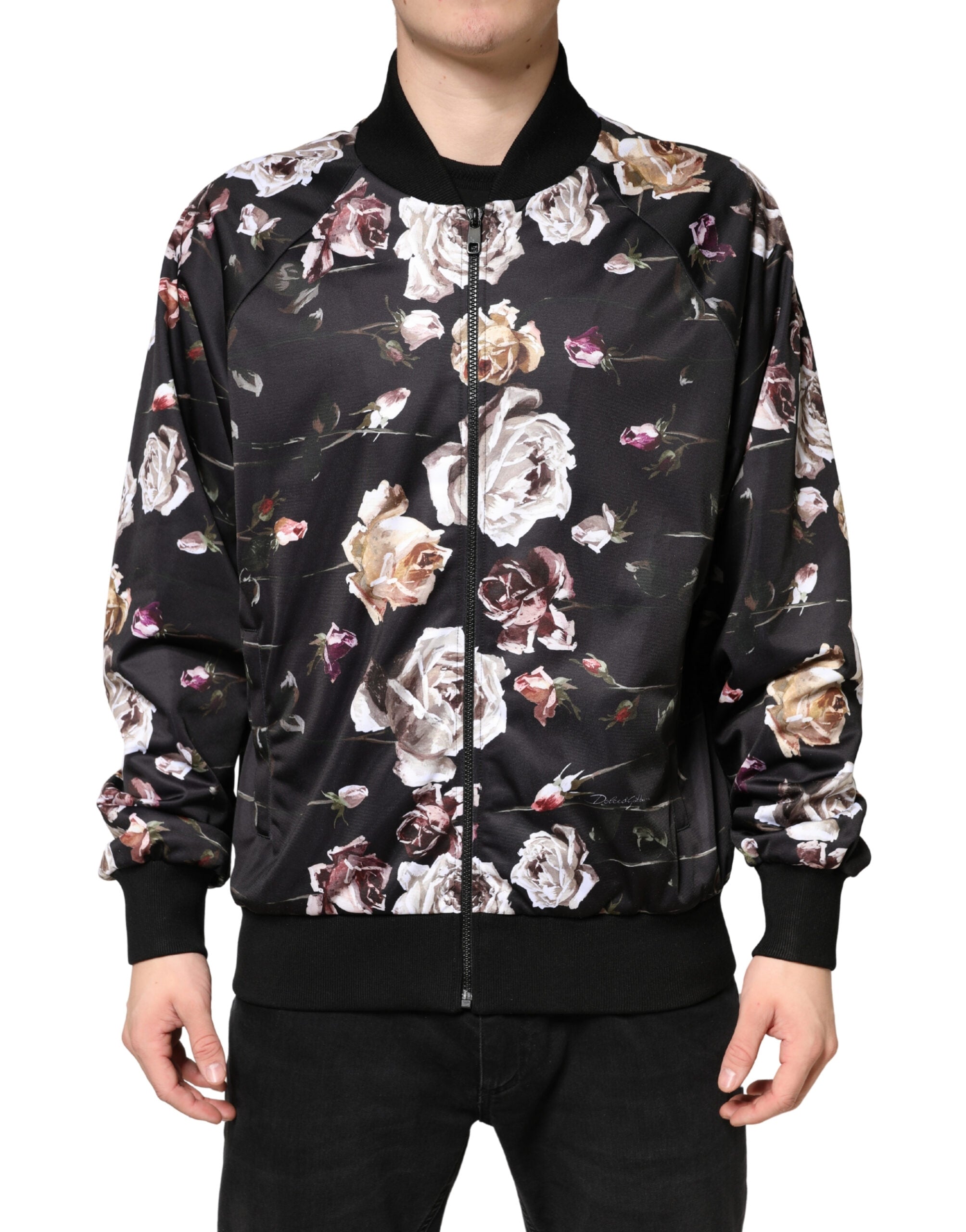 Dolce & Gabbana Black Floral Polyester Full Zip Bomber Jacket - Luxe Marca