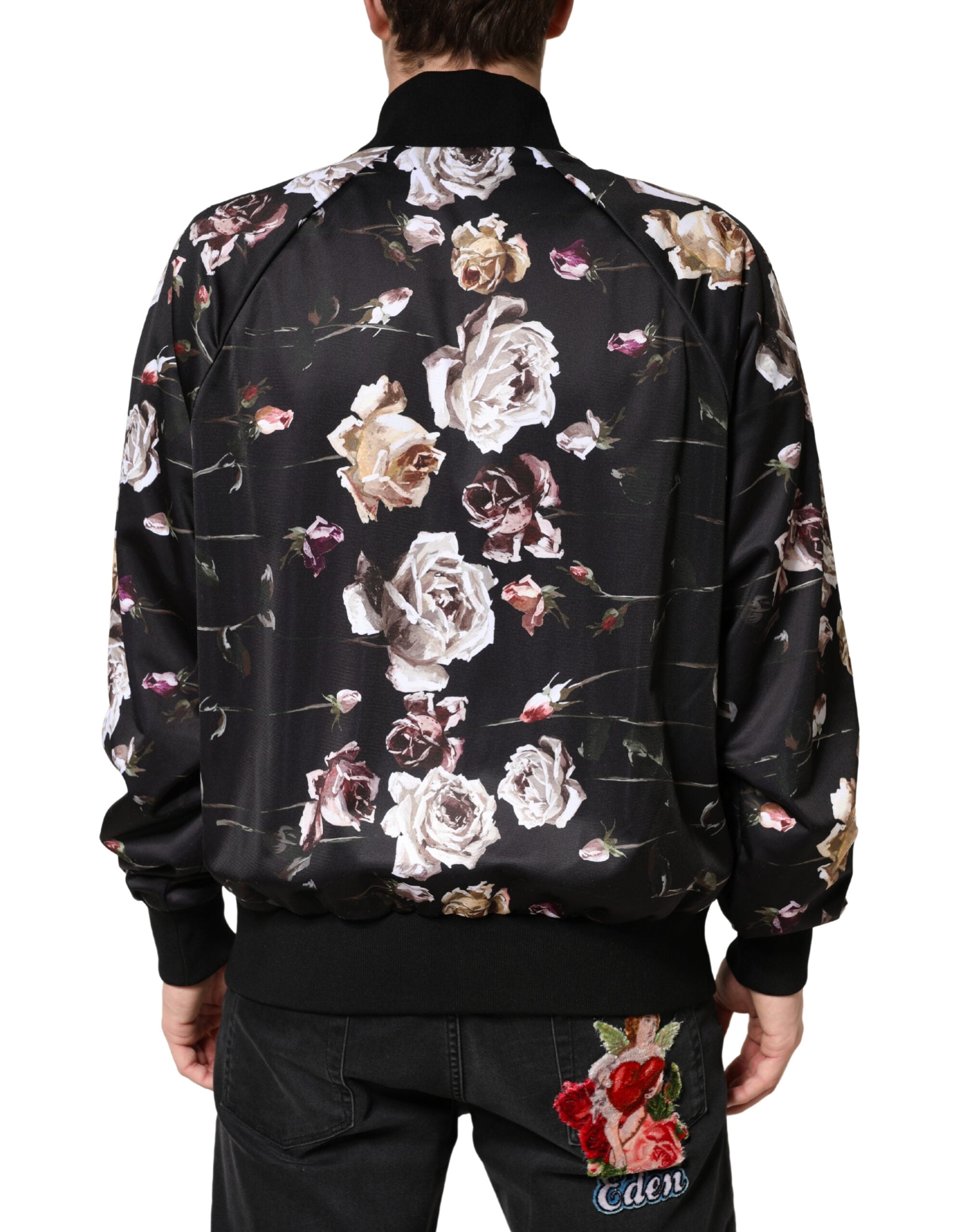 Dolce & Gabbana Black Floral Polyester Full Zip Bomber Jacket - Luxe Marca