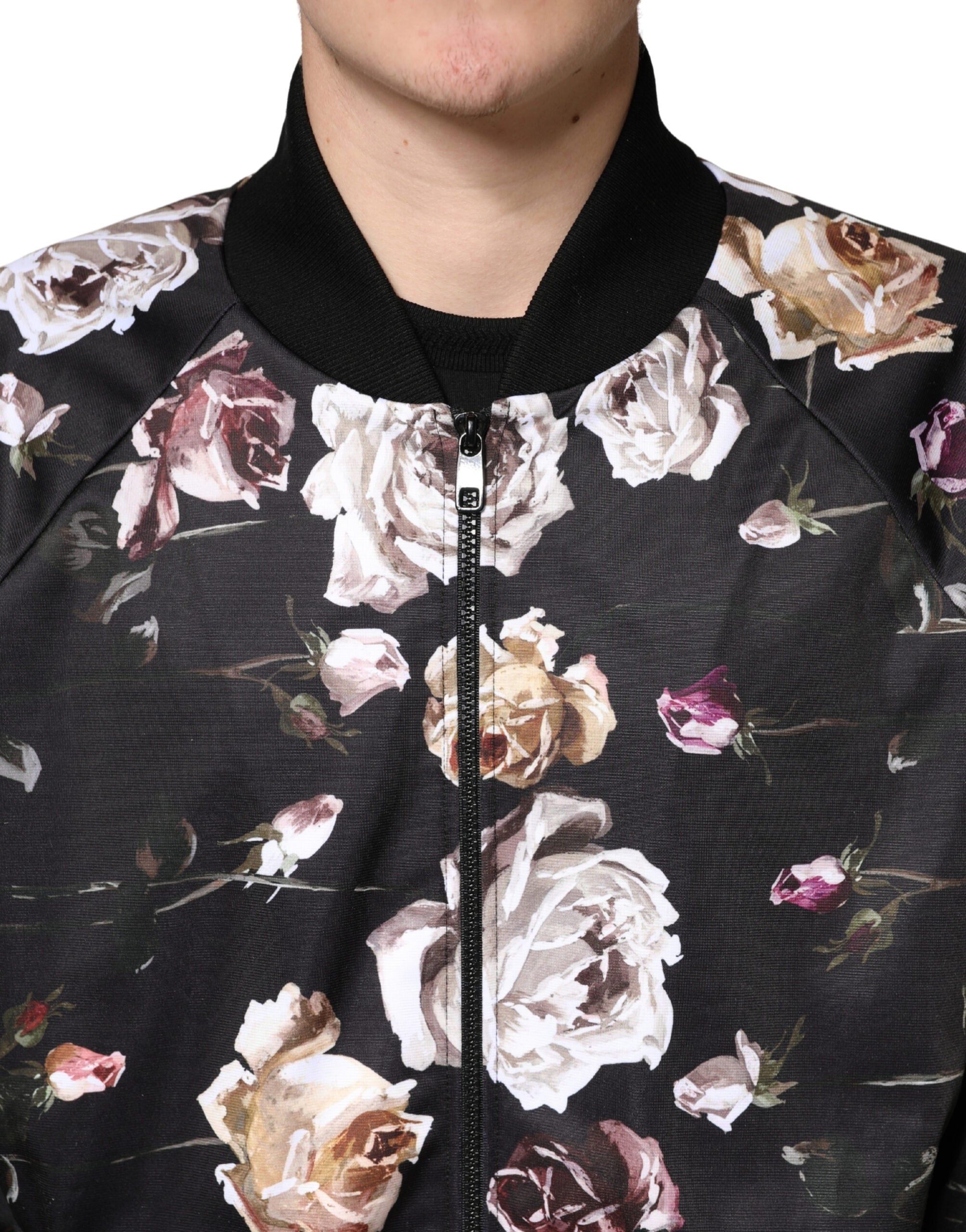 Dolce & Gabbana Black Floral Polyester Full Zip Bomber Jacket - Luxe Marca