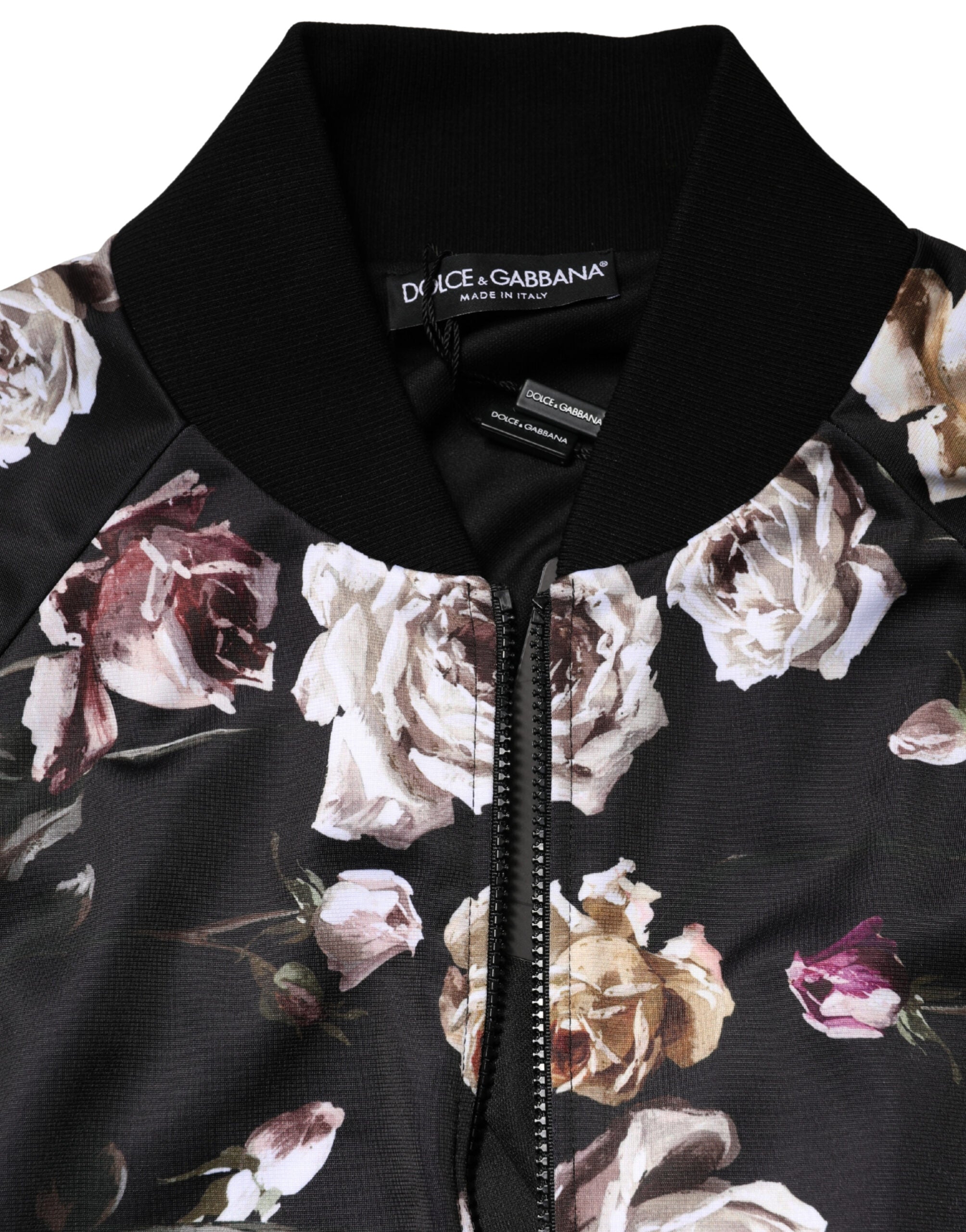 Dolce & Gabbana Black Floral Polyester Full Zip Bomber Jacket - Luxe Marca