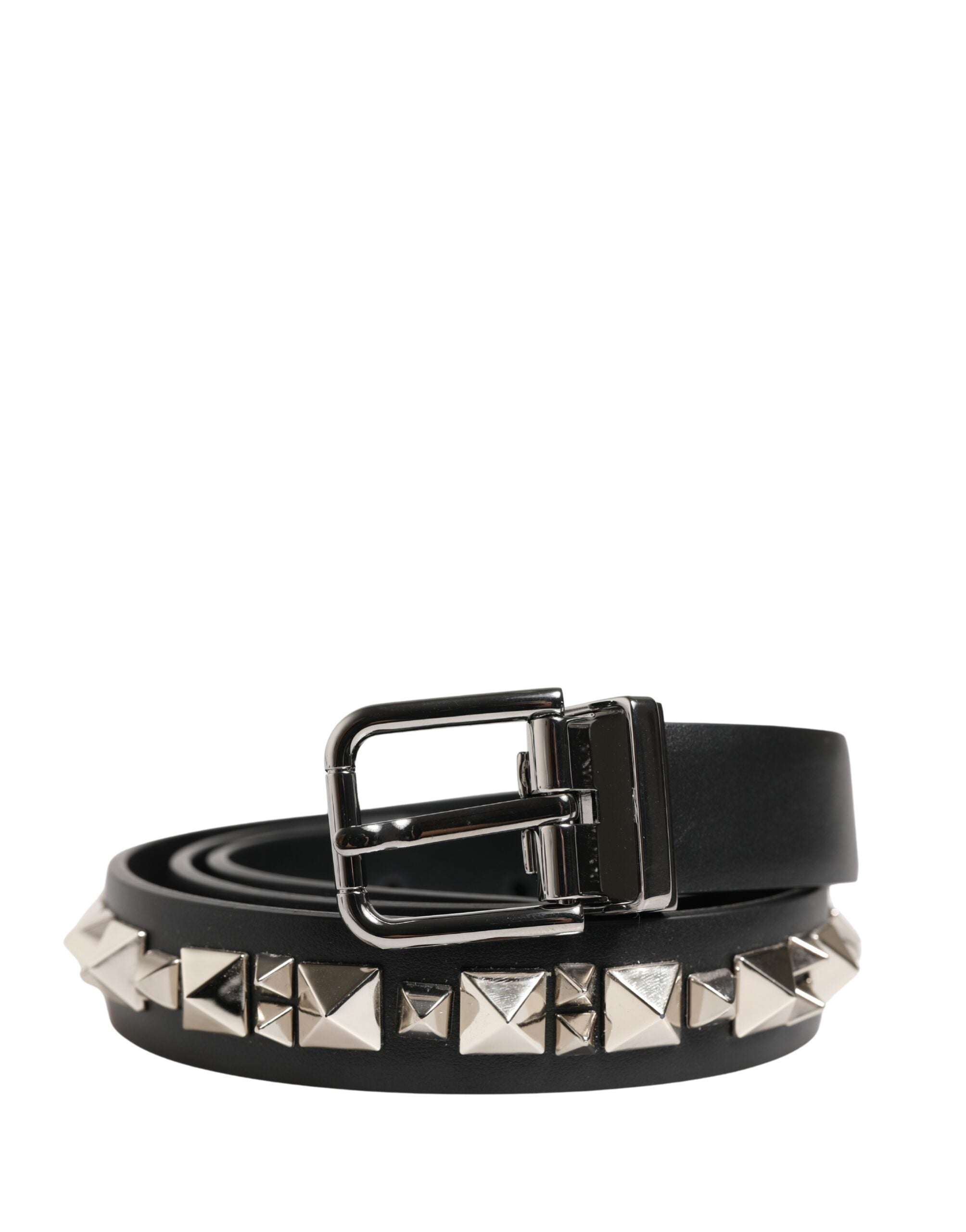 Dolce & Gabbana Black Leather Studded Silver Tone Buckle Belt - Luxe Marca
