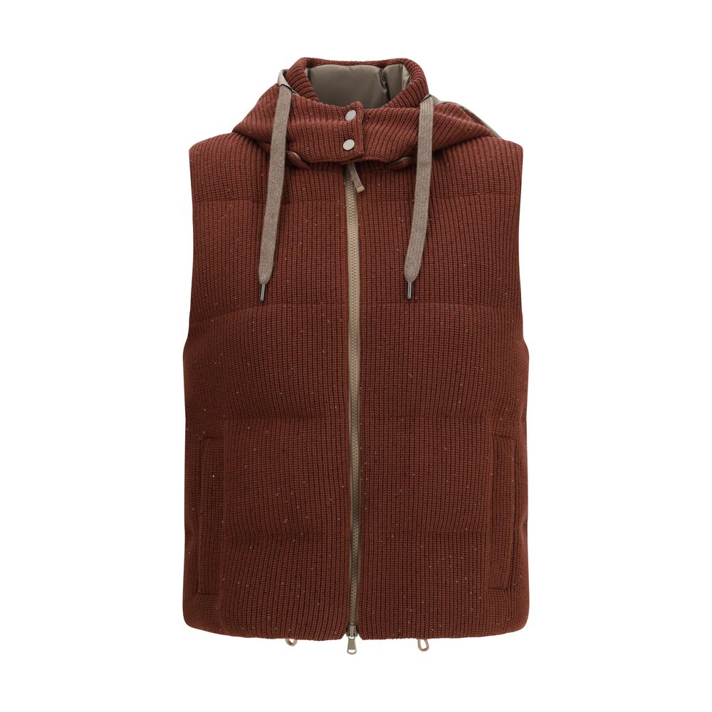 Brunello Cucinelli Brown Cotton Sleveless Jacket - Luxe Marca
