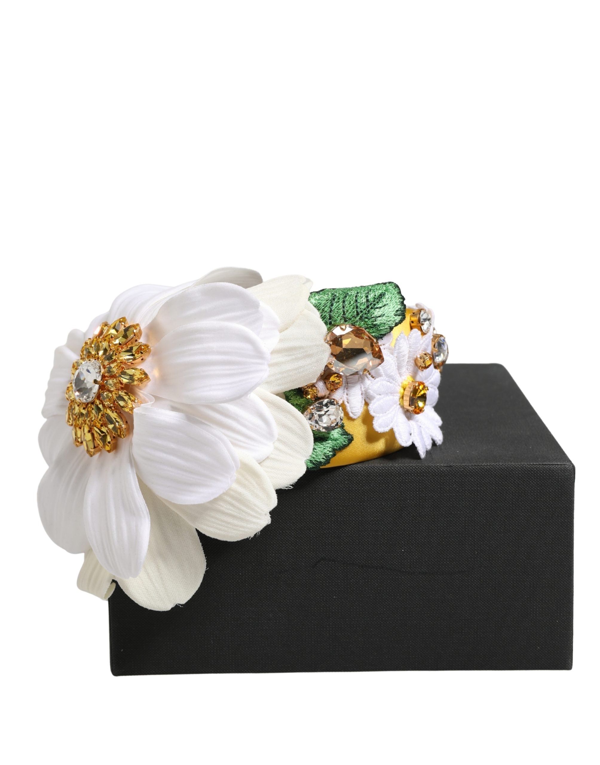 Dolce & Gabbana White Yellow Silk Blend Floral Crystals Diadem Headband - Luxe Marca