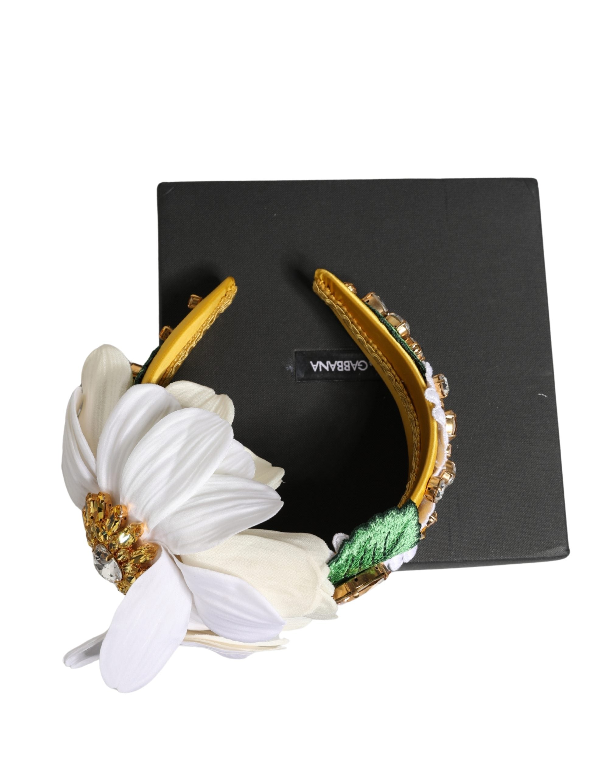 Dolce & Gabbana White Yellow Silk Blend Floral Crystals Diadem Headband - Luxe Marca