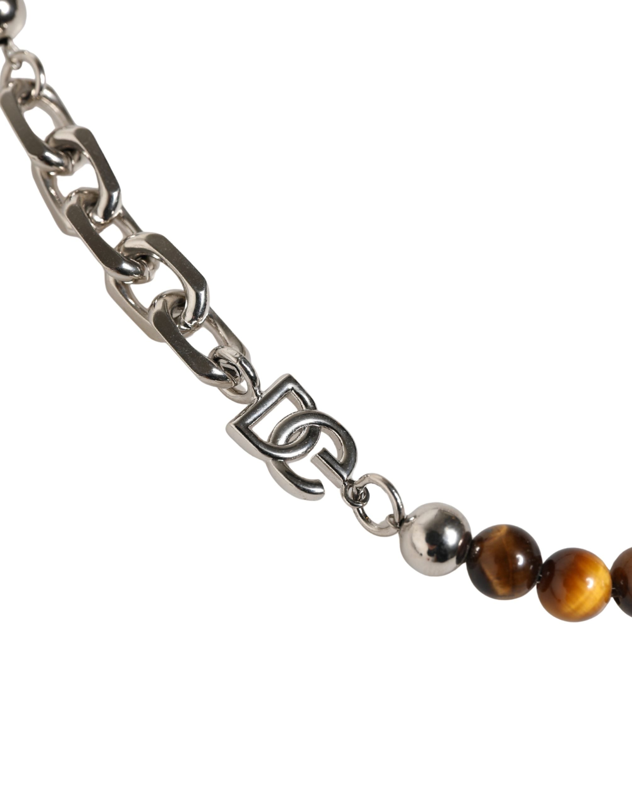 Dolce & Gabbana Silver Tone Brass Chain Beaded Gem DG Logo Bracelet - Luxe Marca