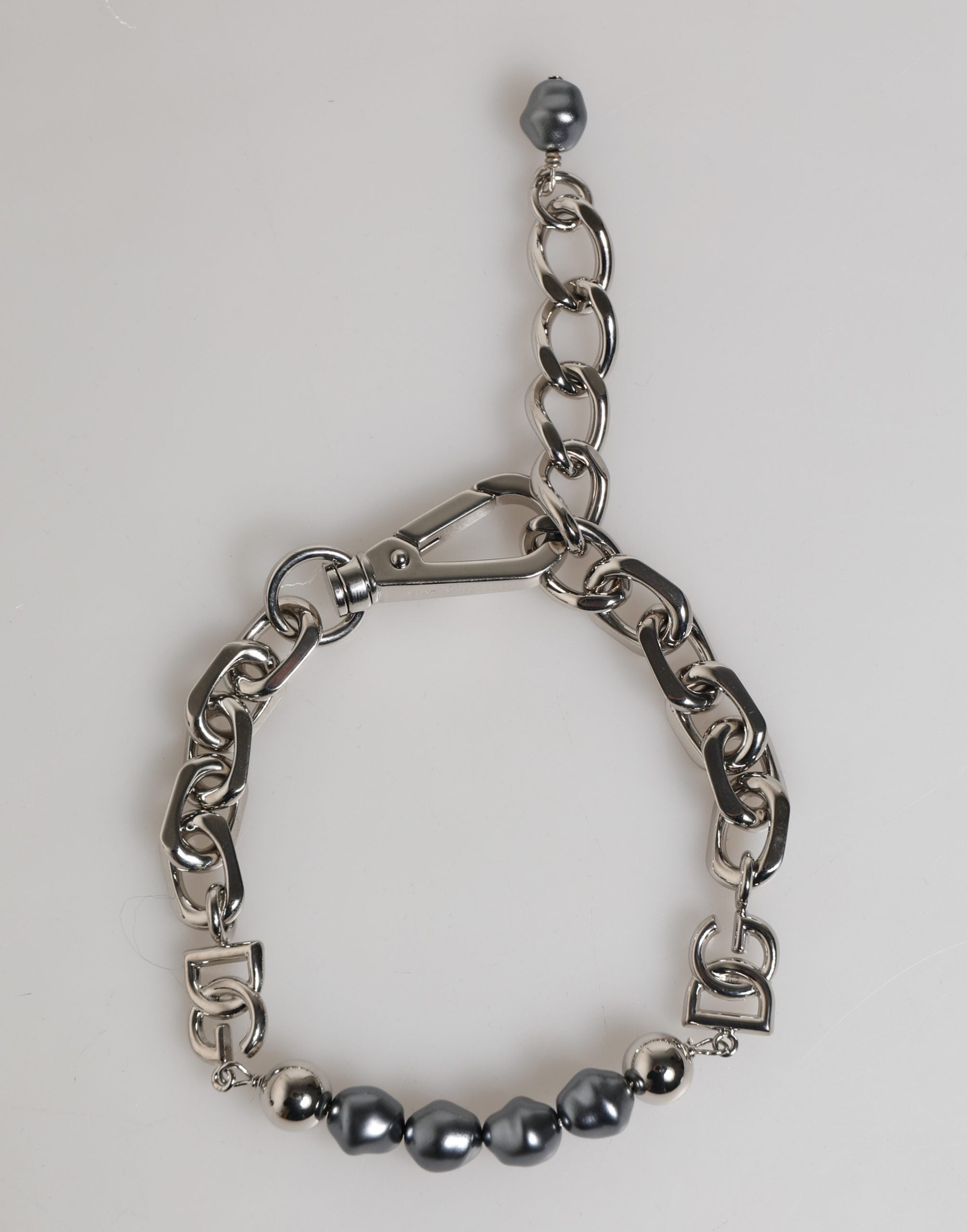 Dolce & Gabbana Silver Tone Chain Lobster Clasp Logo Gray Pearls Bracelet - Luxe Marca