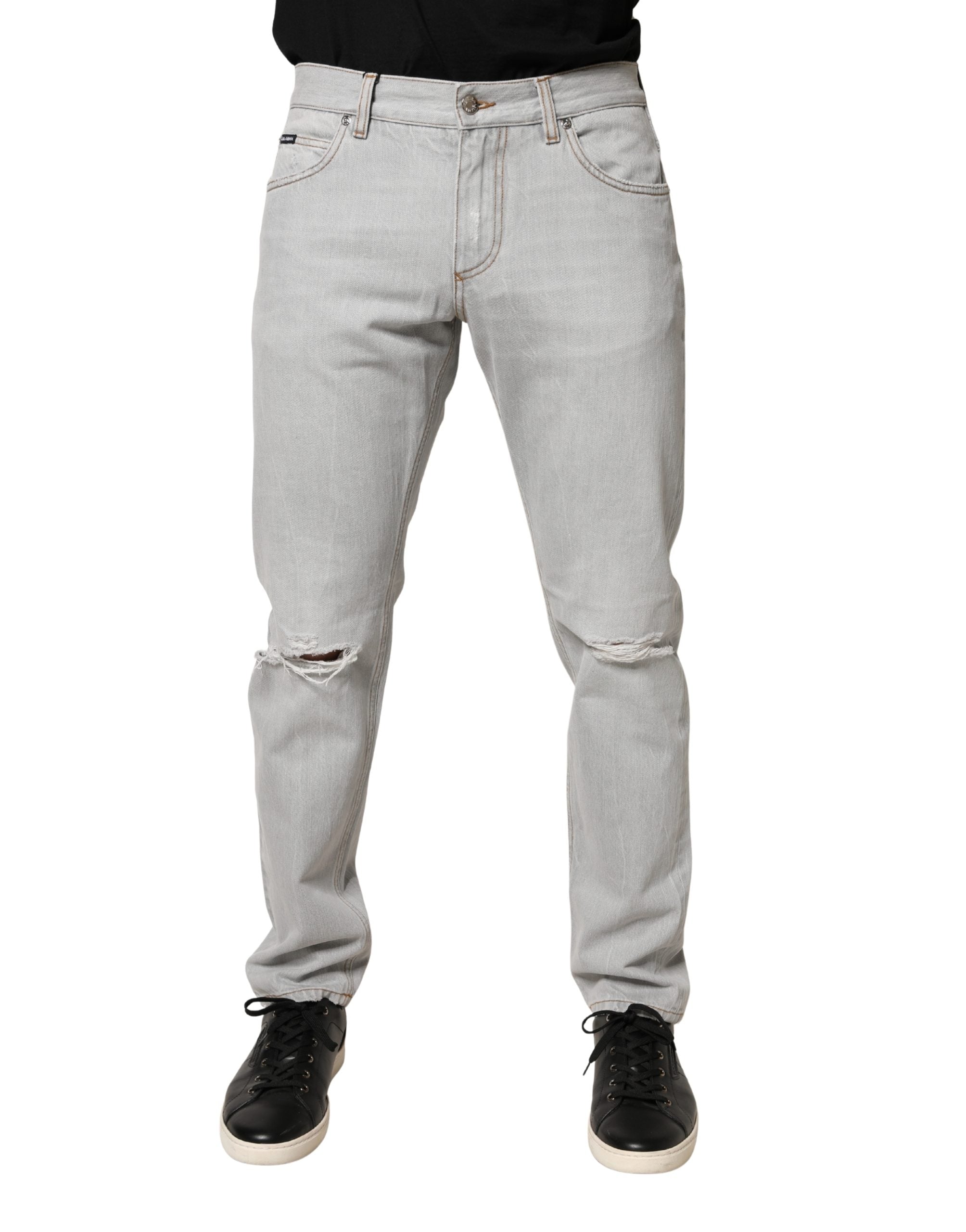 Dolce & Gabbana Light Gray Ripped Cotton Regular Denim Jeans - Luxe Marca