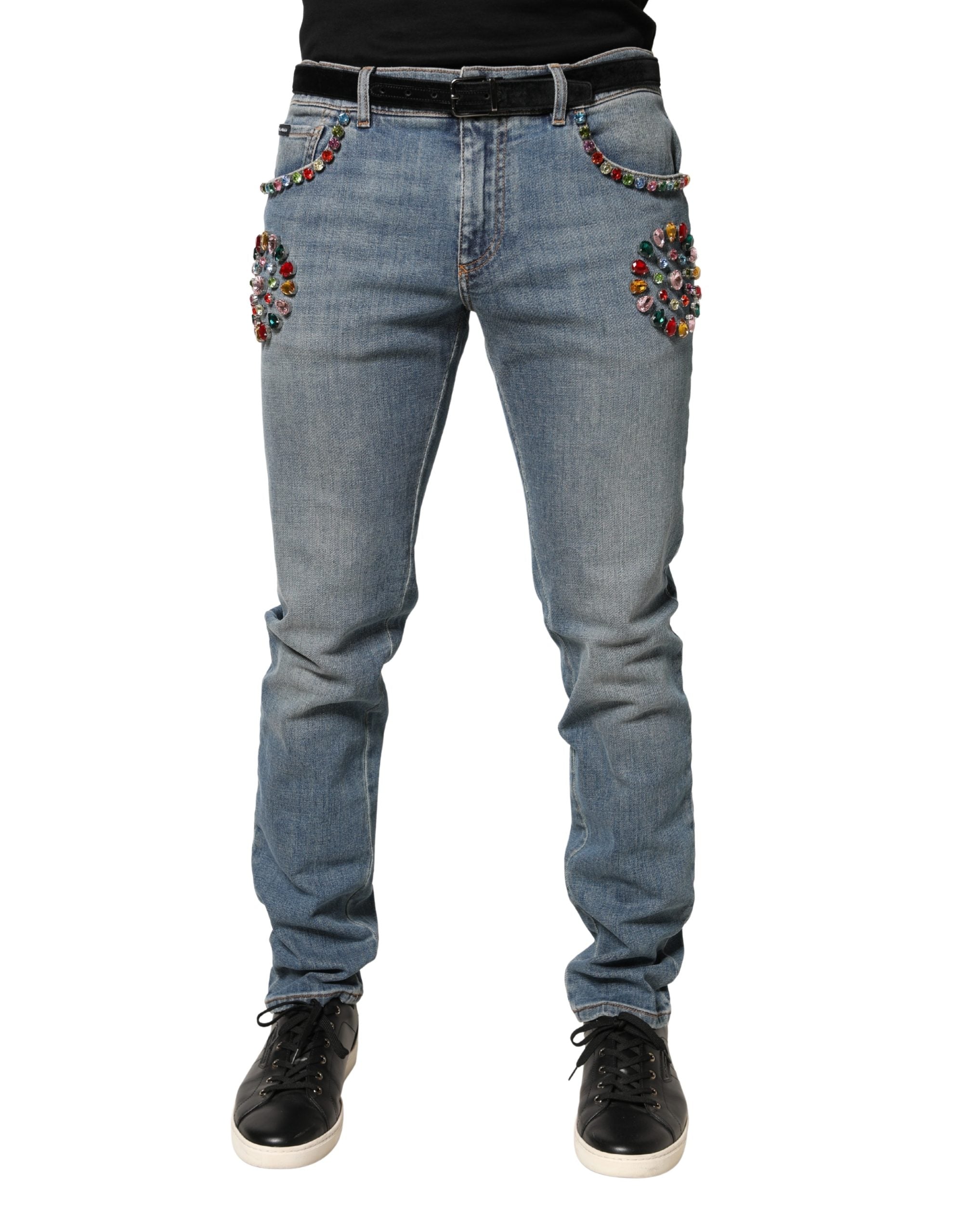 Dolce & Gabbana Blue Embellished Loose Cotton Men Denim Jeans - Luxe Marca