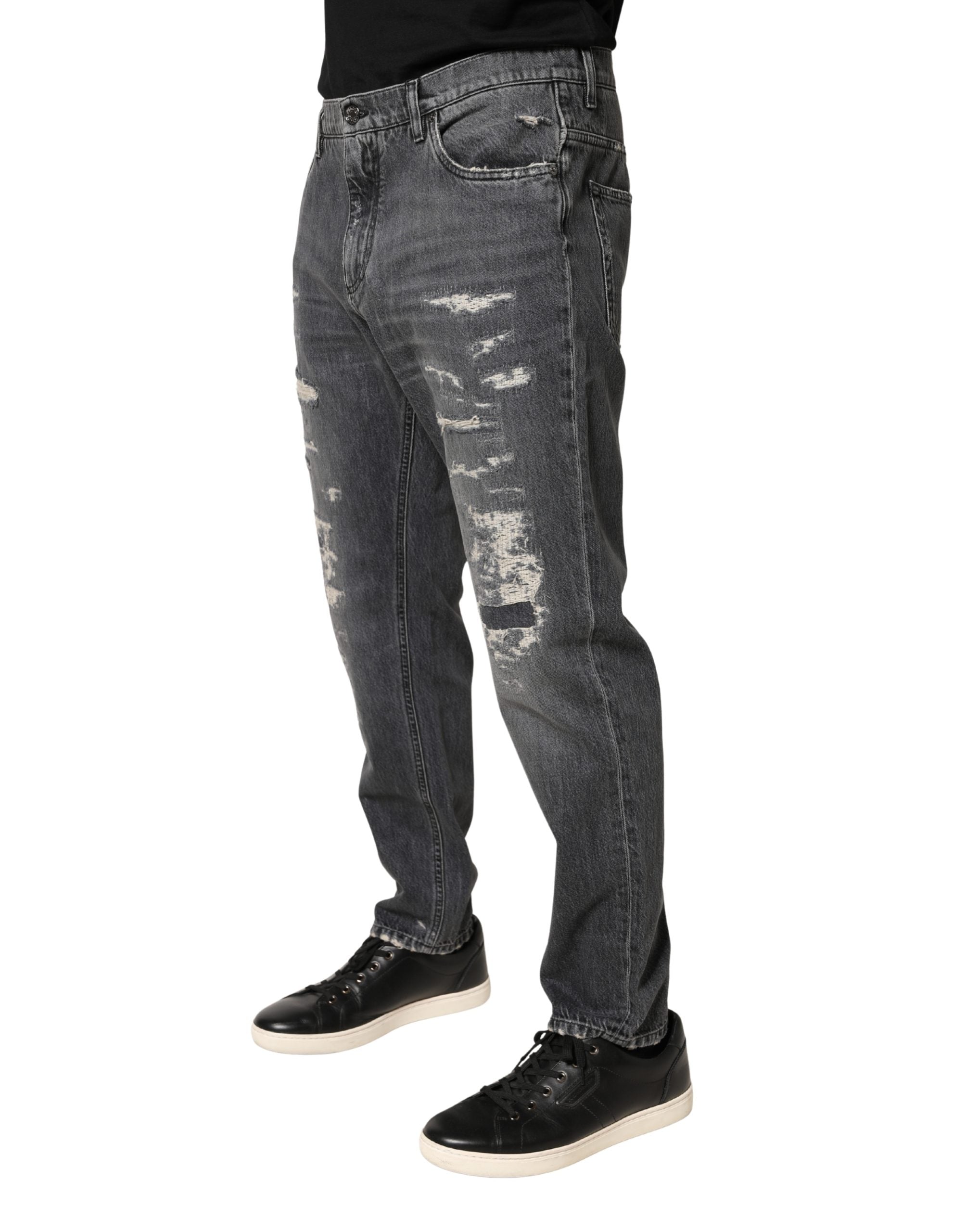 Dolce & Gabbana Dark Gray Tattered Cotton Loose Denim Jeans - Luxe Marca