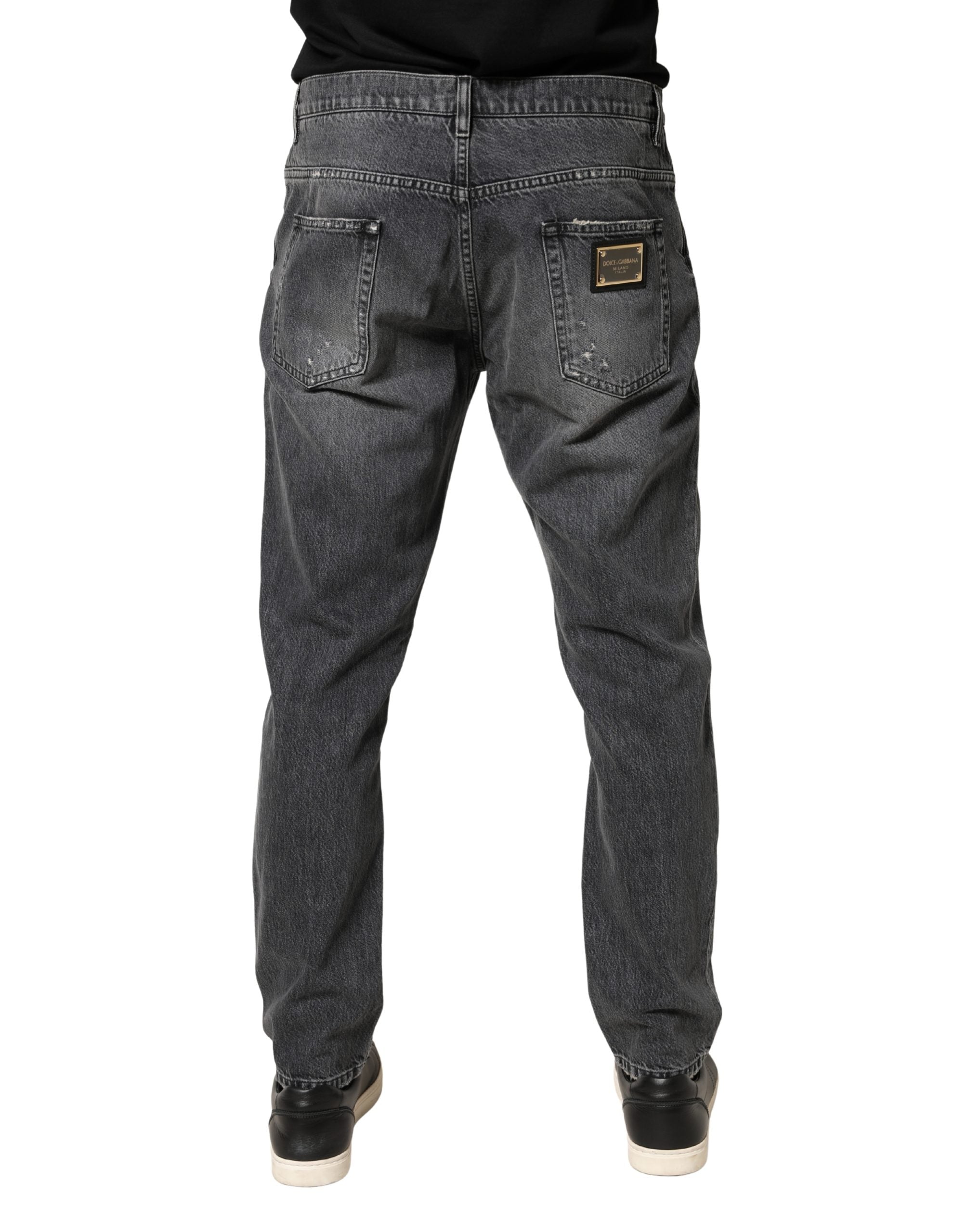 Dolce & Gabbana Dark Gray Tattered Cotton Loose Denim Jeans - Luxe Marca