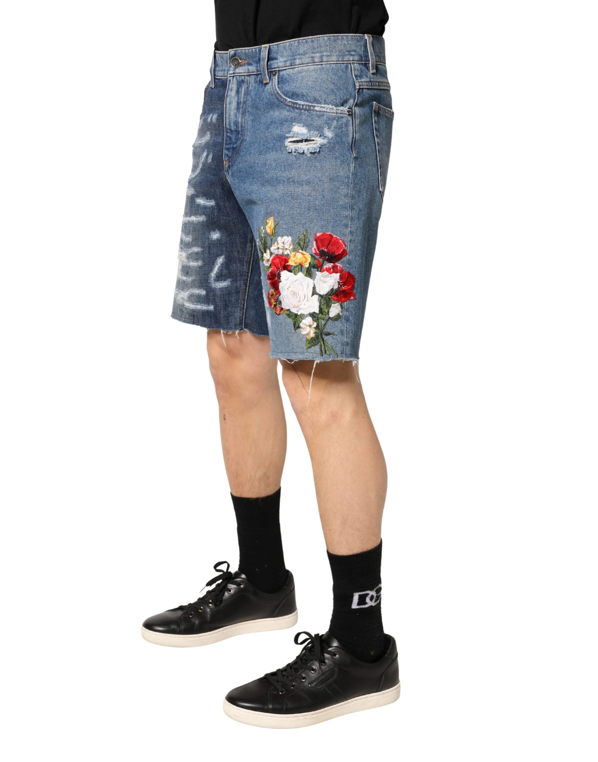 Dolce & Gabbana Blue Floral Embroidery Tattered Denim Shorts - Luxe Marca