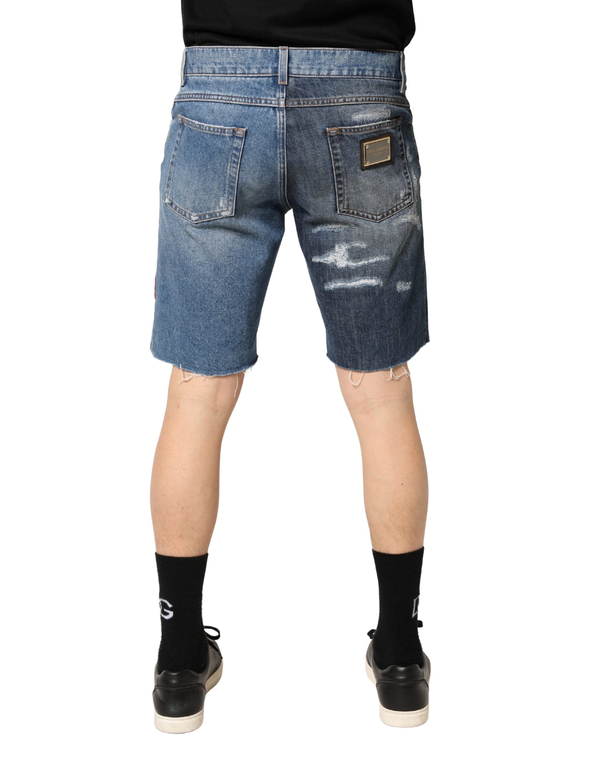 Dolce & Gabbana Blue Floral Embroidery Tattered Denim Shorts - Luxe Marca