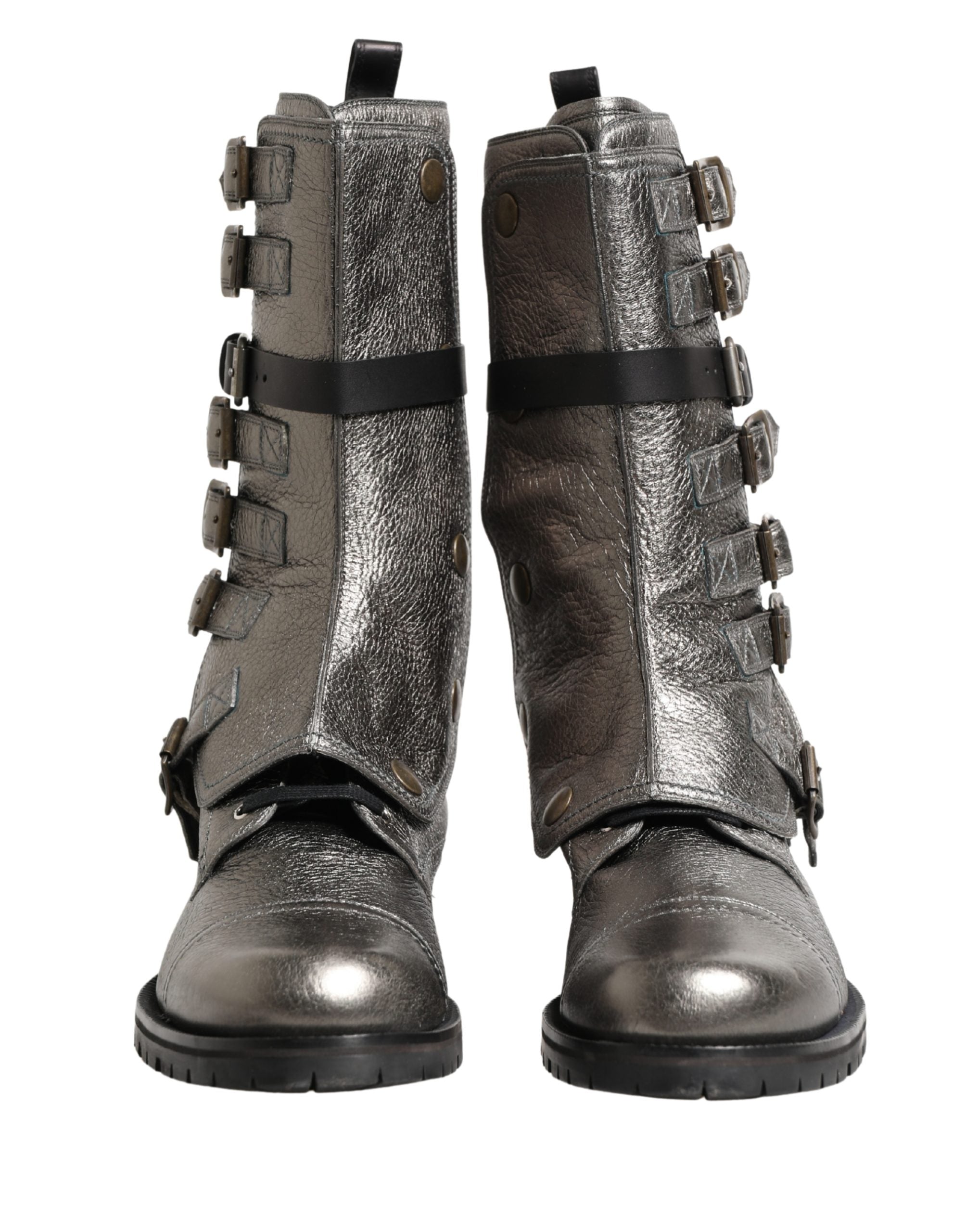 Dolce & Gabbana Metallic Silver Combat Biker Mid Calf Boots Shoes - Luxe Marca