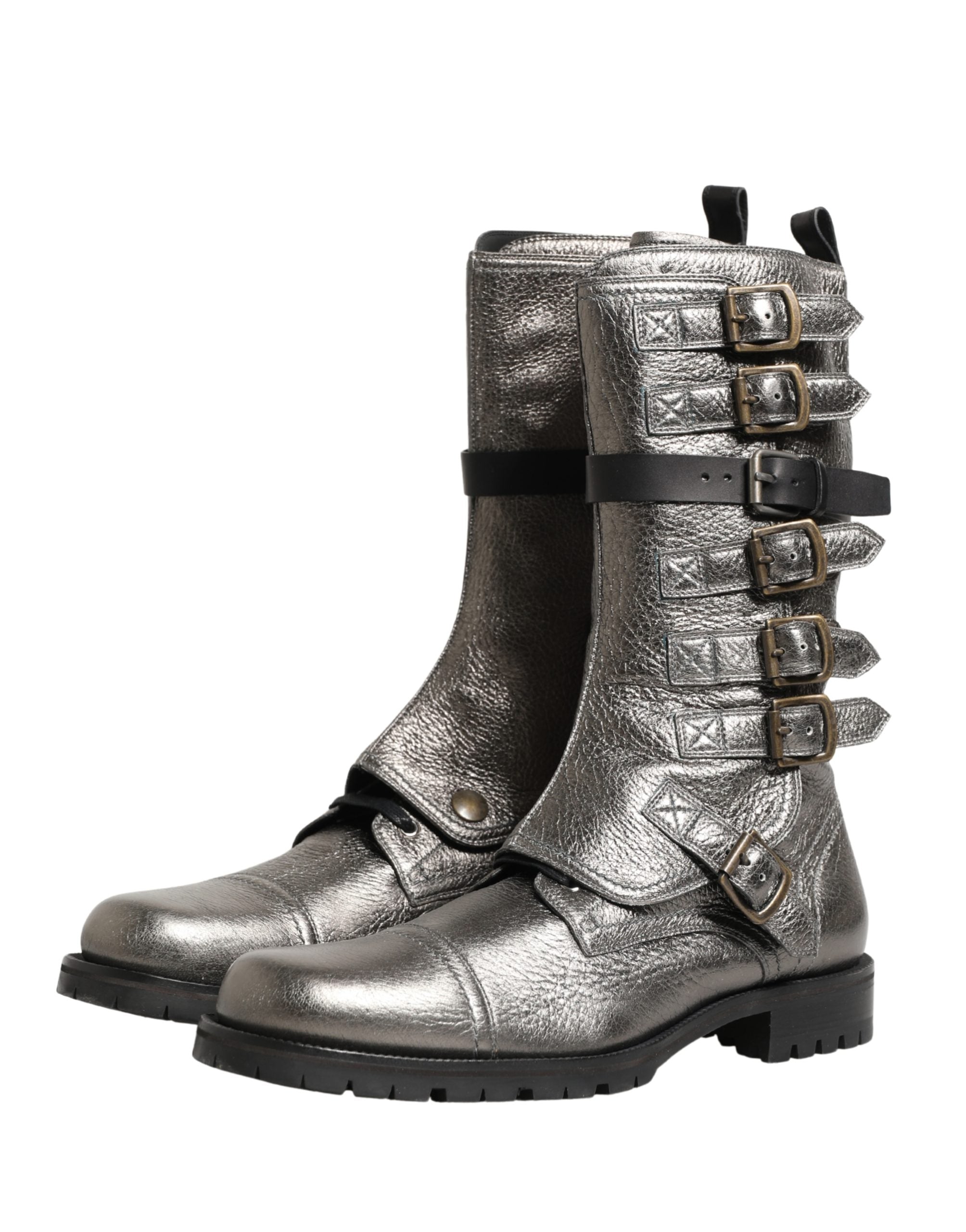 Dolce & Gabbana Metallic Silver Combat Biker Mid Calf Boots Shoes - Luxe Marca