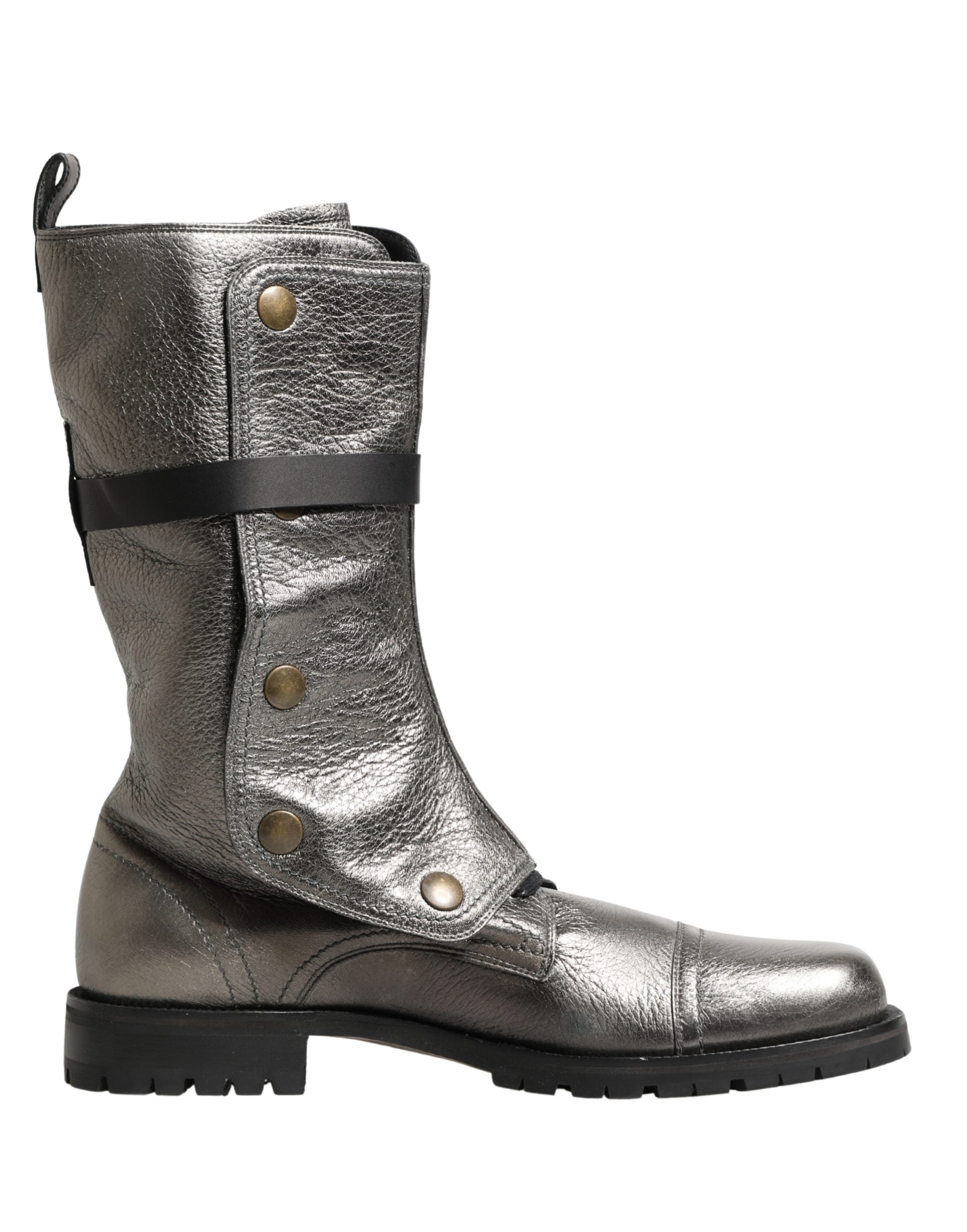 Dolce & Gabbana Metallic Silver Combat Biker Mid Calf Boots Shoes - Luxe Marca