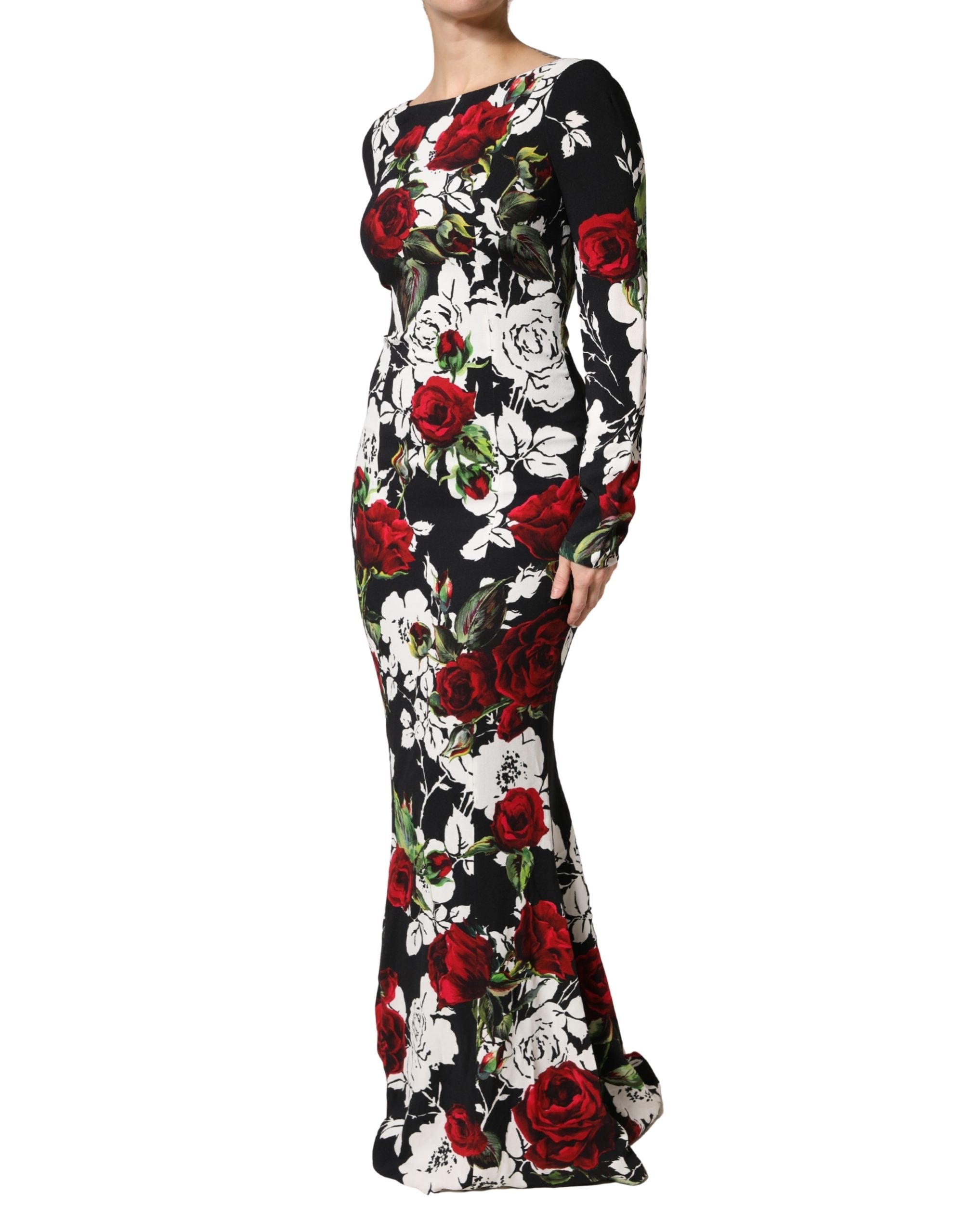 Dolce & Gabbana Black Floral Viscose Bodycon Long Gown Dress - Luxe Marca
