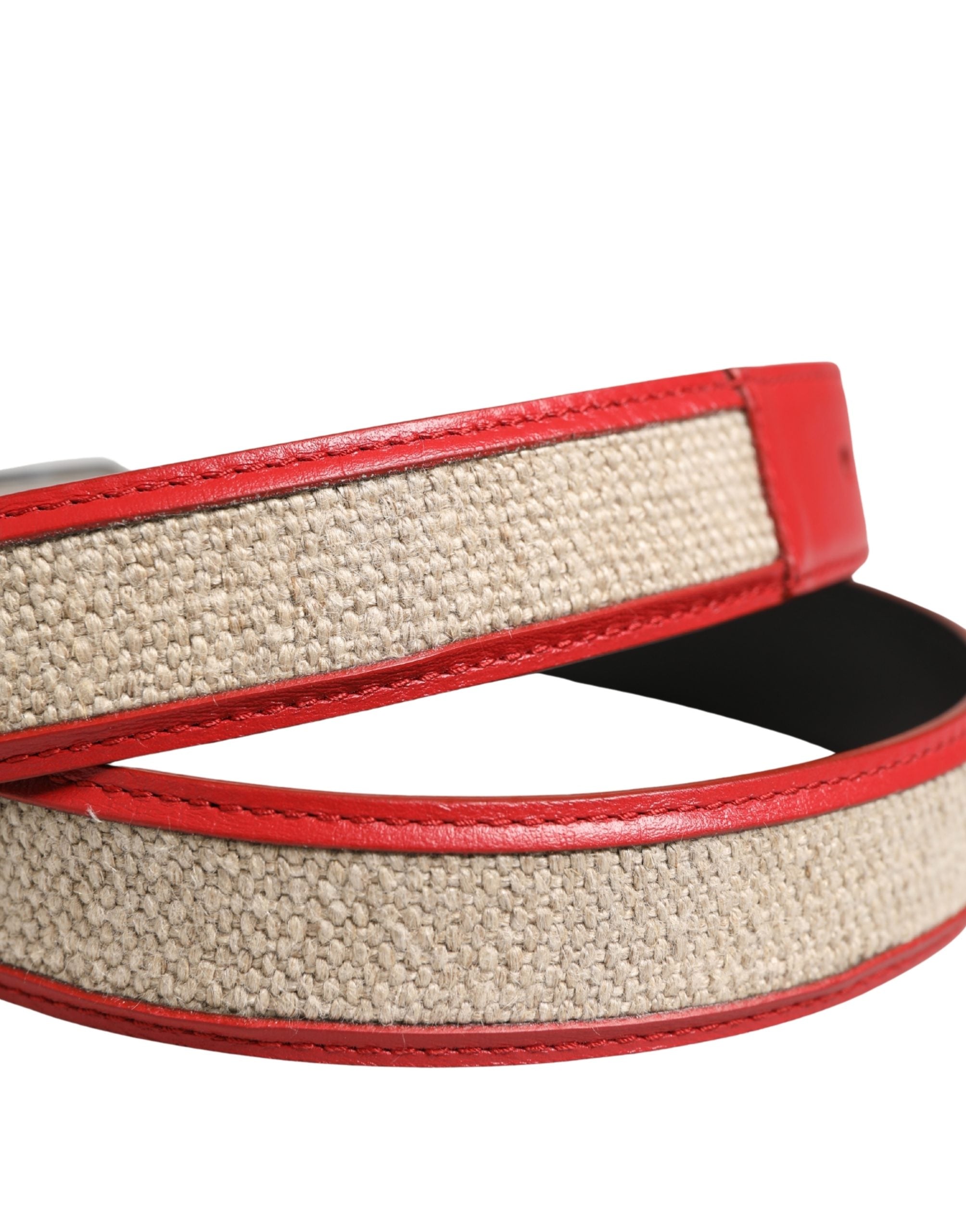 Dolce & Gabbana Men Beige Red Woven Leather Metal Buckle Belt - Luxe Marca