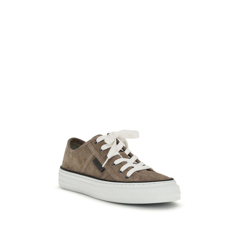 Brunello Cucinelli Beige Calf Leather Bos Taurus Low Top Sneakers - Luxe Marca