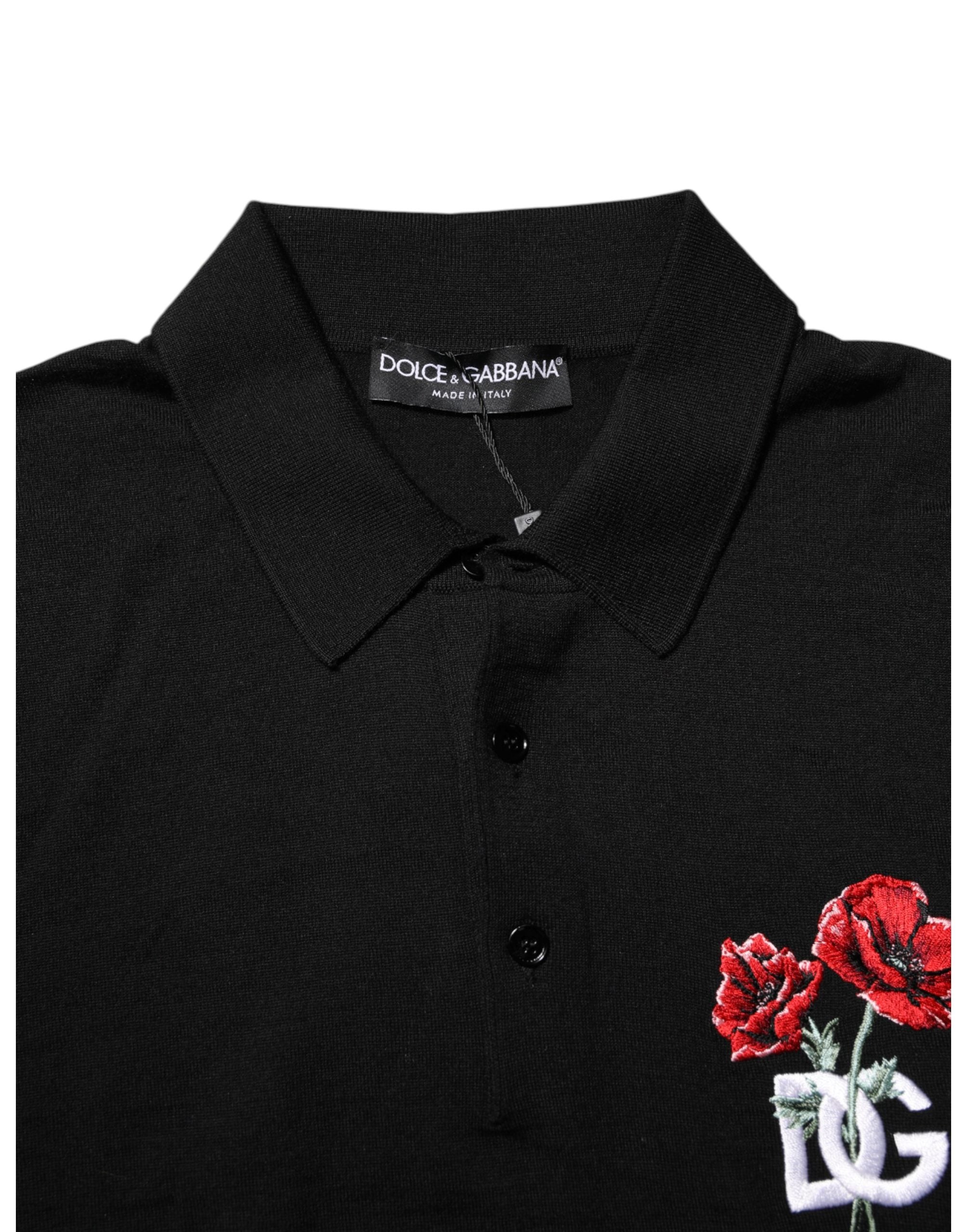 Dolce & Gabbana Black Wool Logo Floral Short Sleeve T-shirt