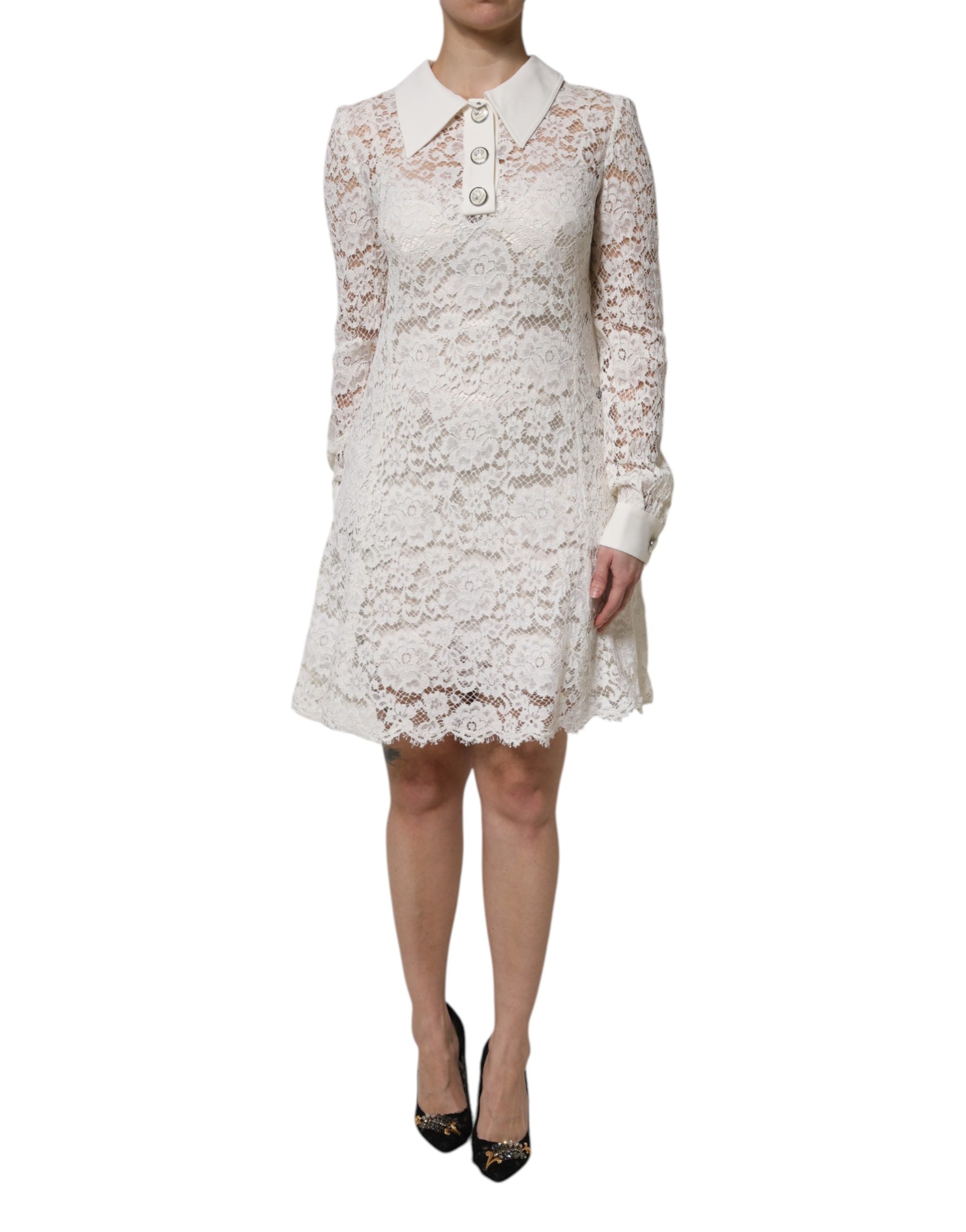 Dolce & Gabbana White Floral Lace Viscose Collared Mini Dress