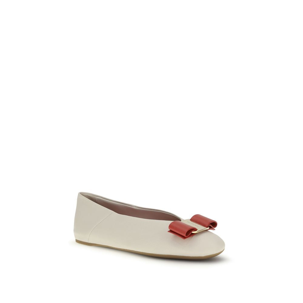 Ferragamo White Calf Leather Bos Taurus Ballet Flats - Luxe Marca