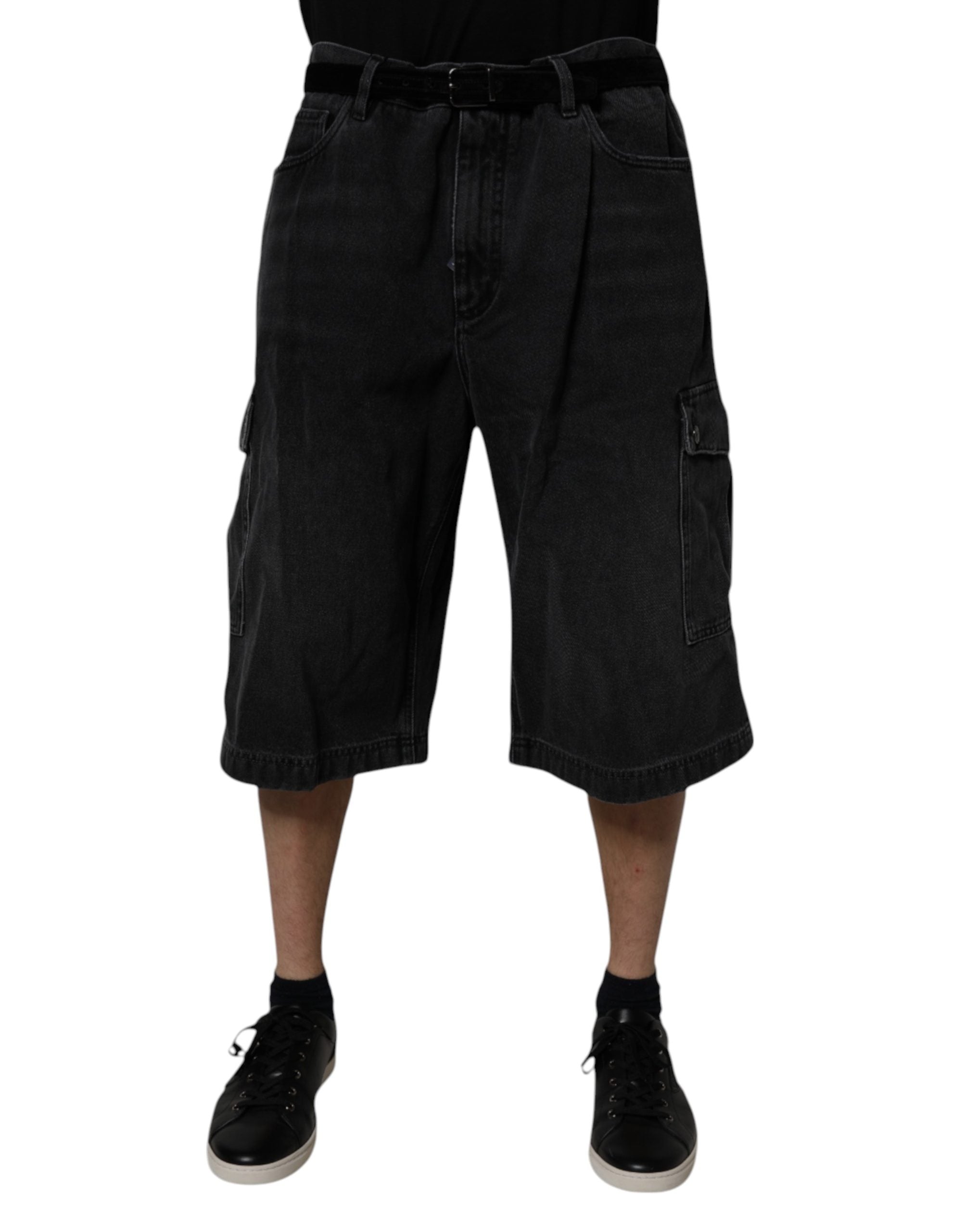Dolce & Gabbana Black Mid Waist Denim Cargo Bermuda Shorts