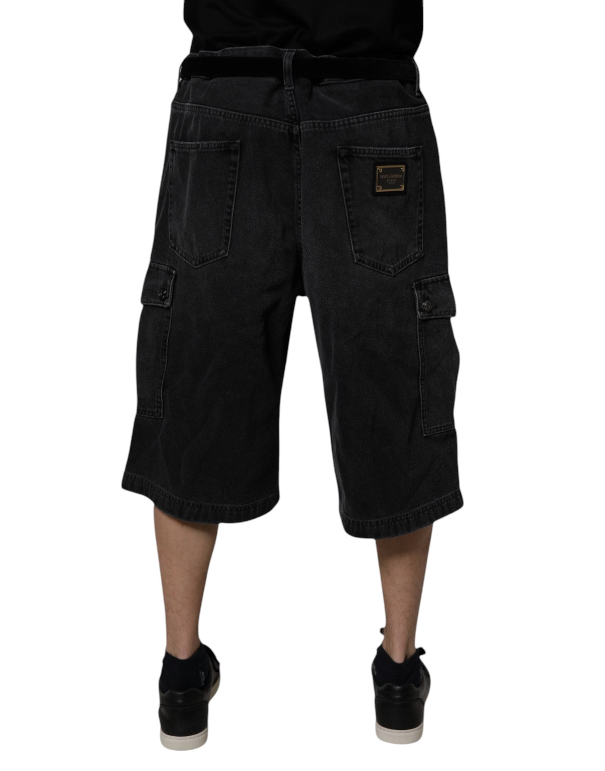 Dolce & Gabbana Black Mid Waist Denim Cargo Bermuda Shorts