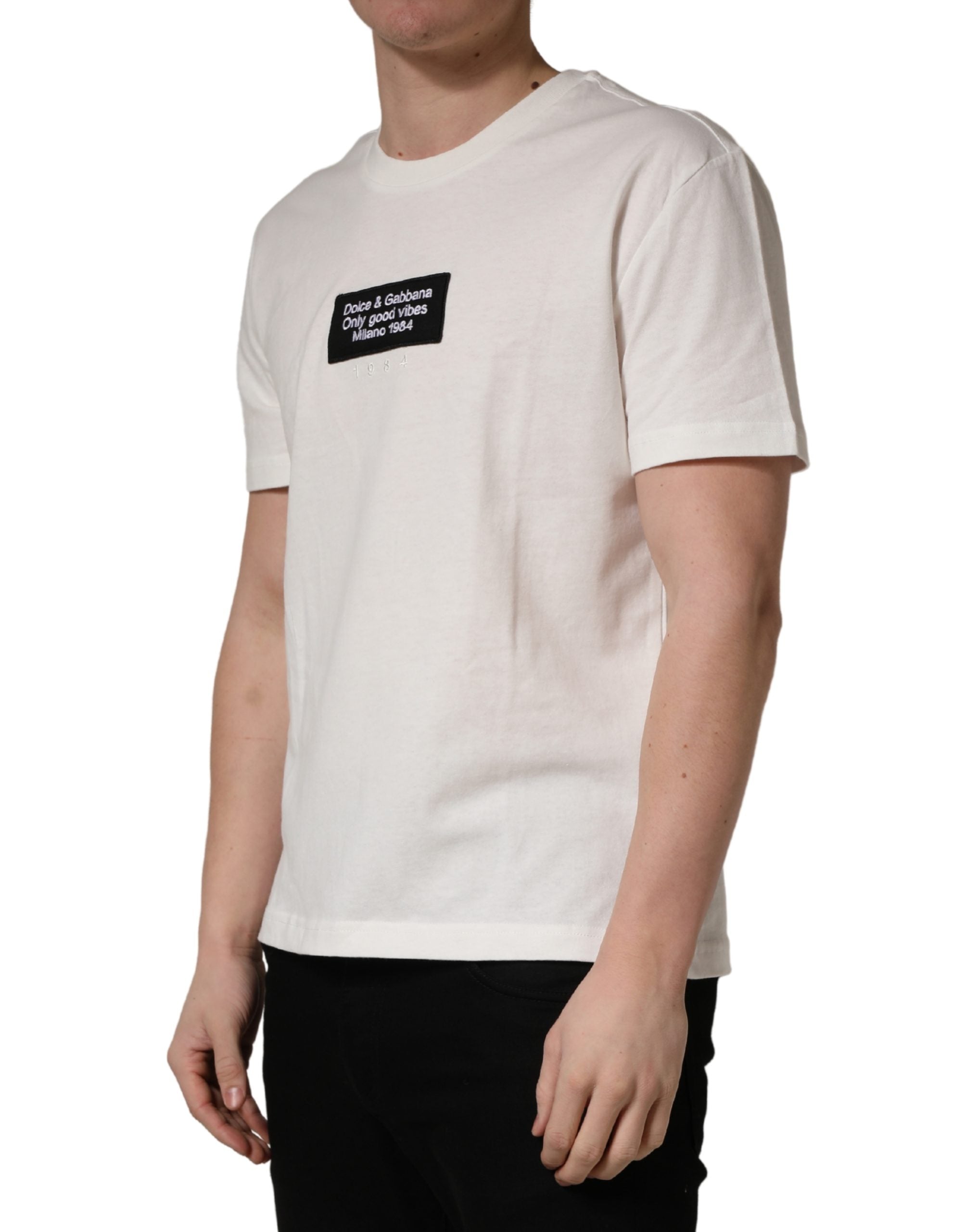 Dolce & Gabbana White Logo Patch Cotton Men Crew Neck T-shirt