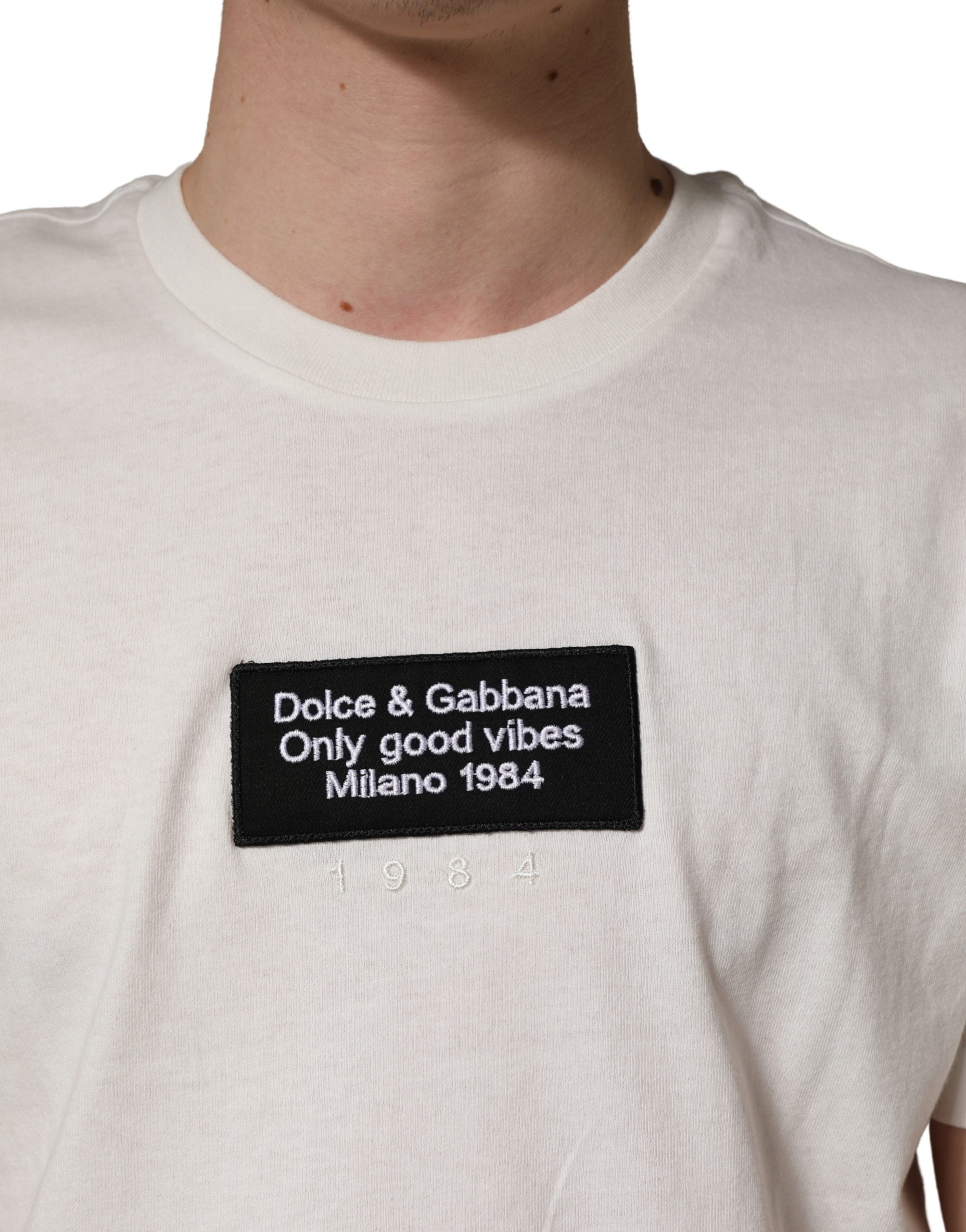 Dolce & Gabbana White Logo Patch Cotton Men Crew Neck T-shirt