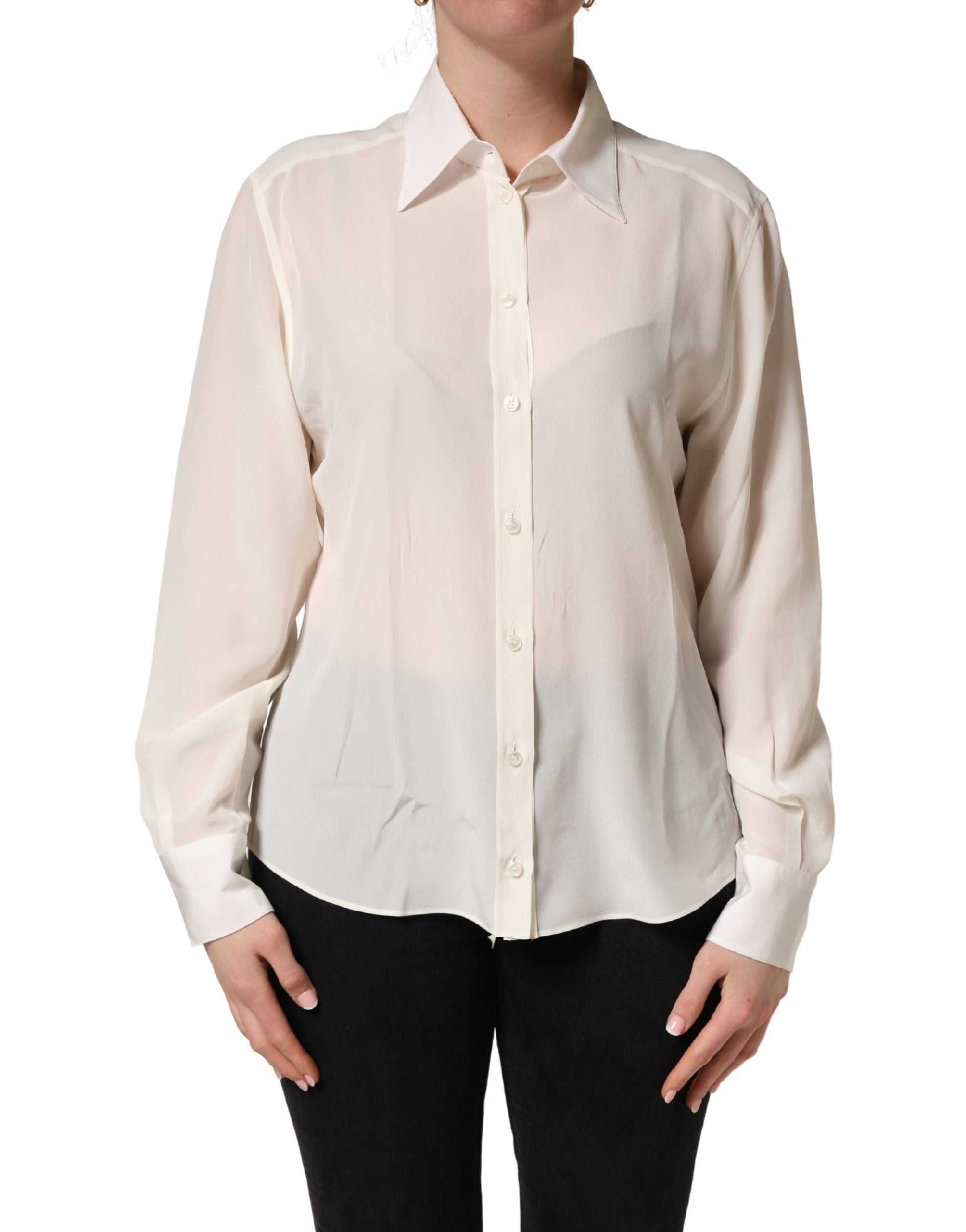 Dolce & Gabbana Off White Collared Long Sleeves Blouse Top