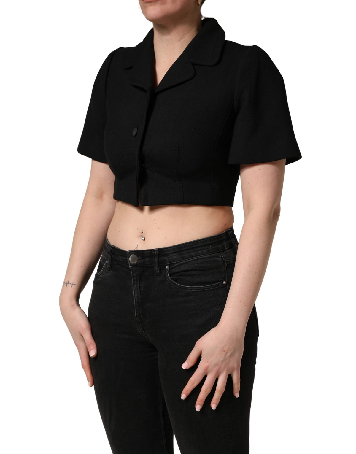 Dolce & Gabbana Black Collared Short Sleeves Cropped Blouse Top