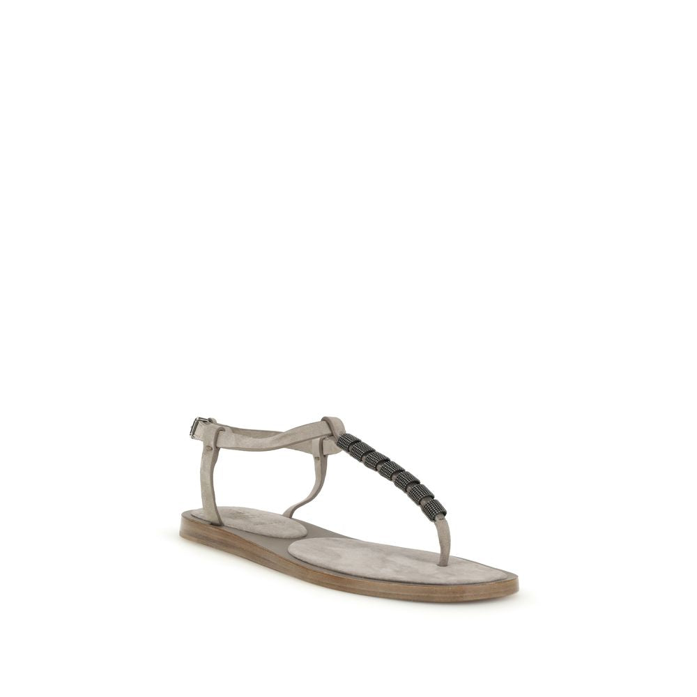 Brunello Cucinelli Beige Calf Leather Bos Taurus Flat Sandals