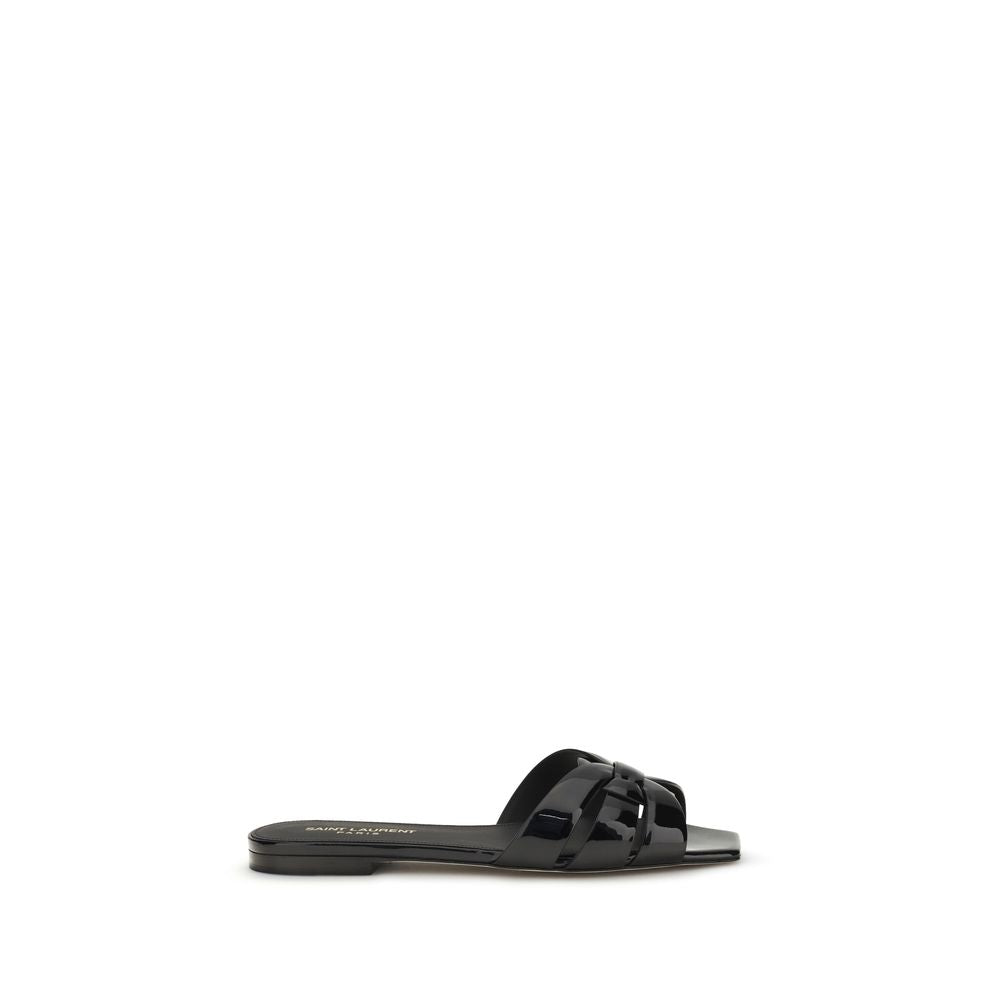 Saint Laurent Black Calf Leather Bos Taurus Flat Sandals