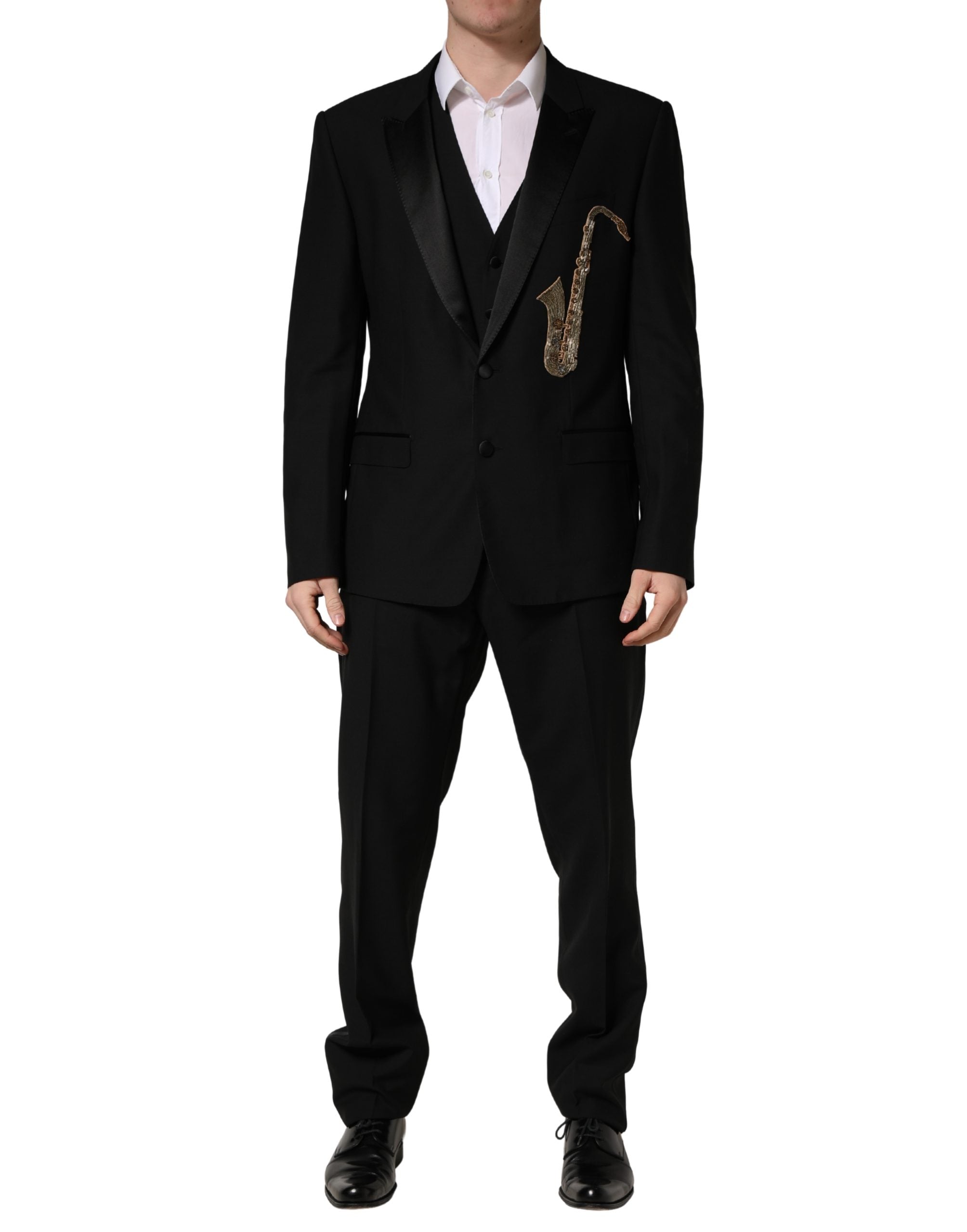 Dolce & Gabbana Black Wool Silk Saxophone Slim Fit 3Pc Suit