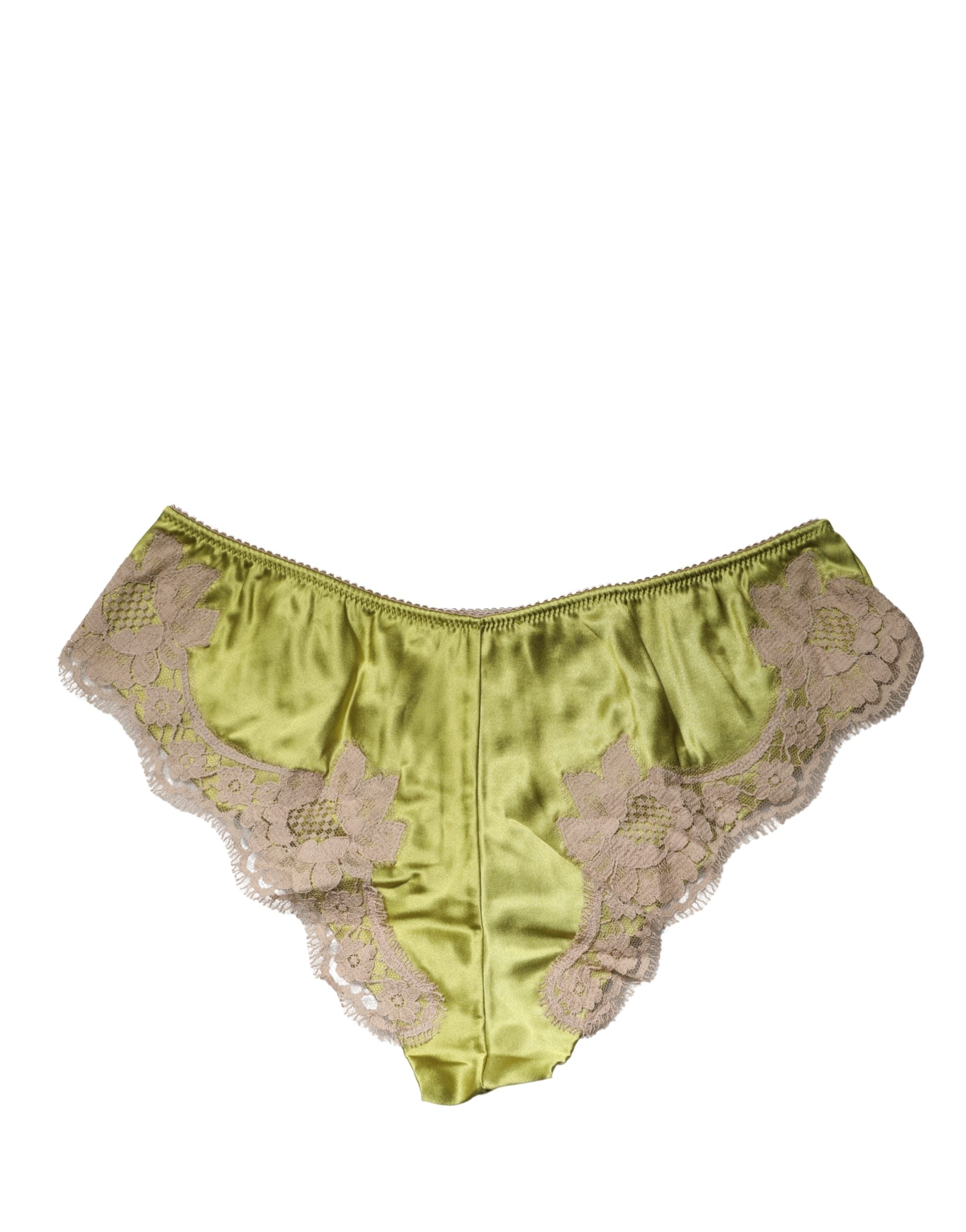 Dolce & Gabbana Underwear Green Silk Satin Floral Lace Panty Brief
