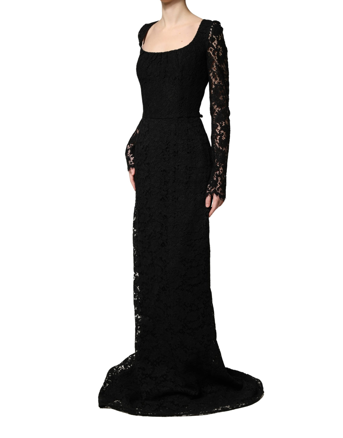 Dolce & Gabbana Black Lace Square Neck LongSleeve Maxi Dress