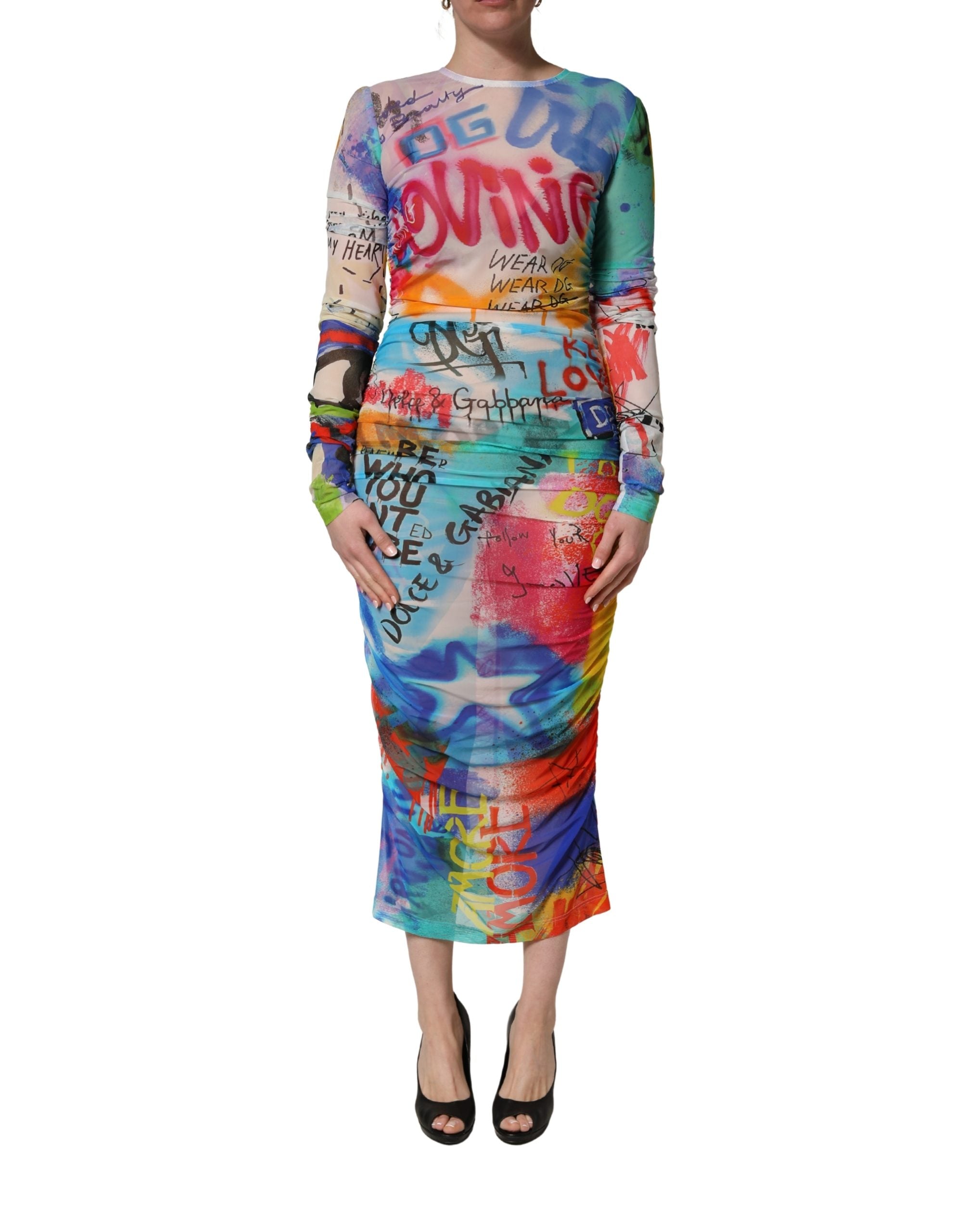 Dolce & Gabbana Multicolor Graffiti Print Tulle Sheath Midi Dress