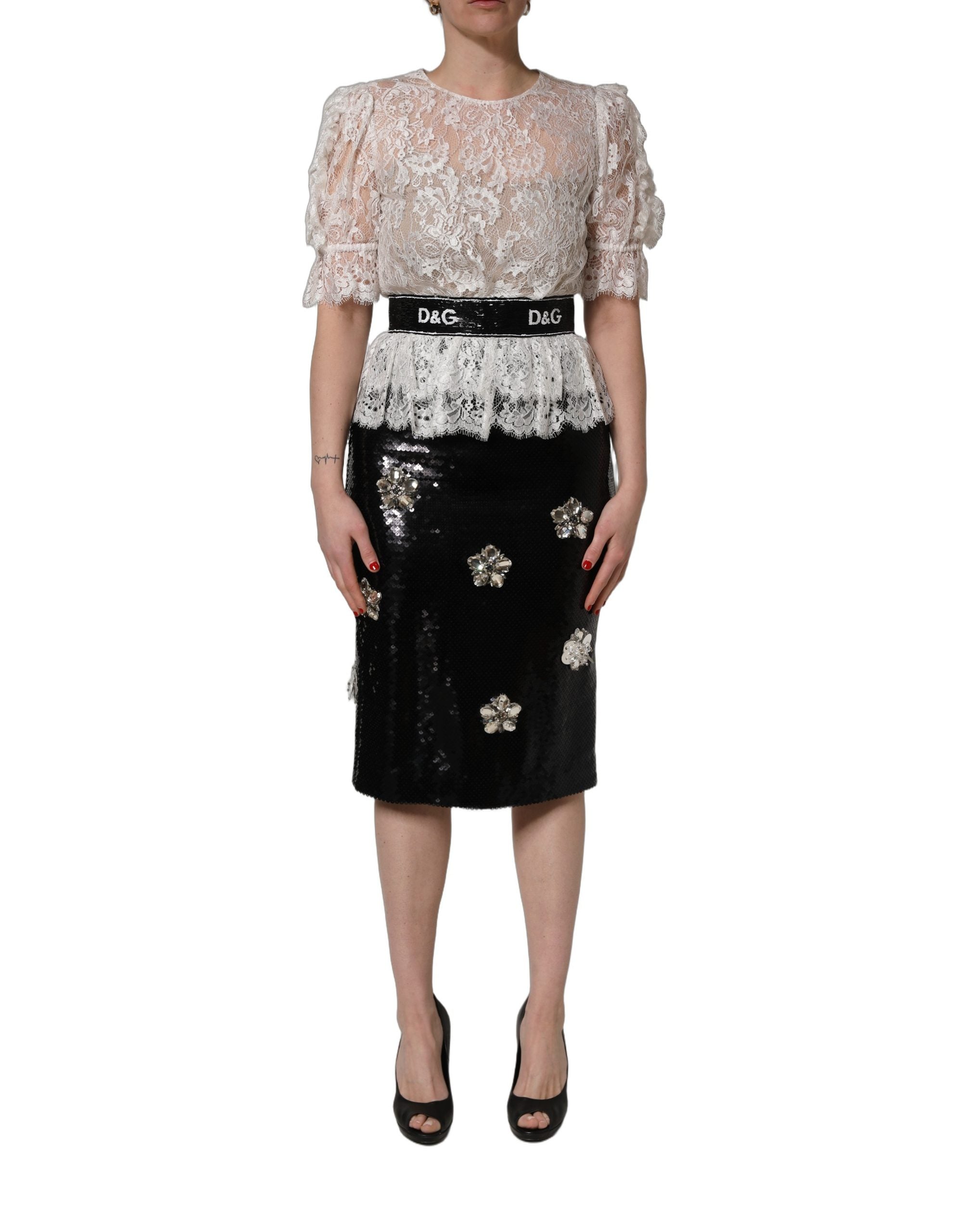Dolce & Gabbana White Lace Top Embellished Black Skirt Dress