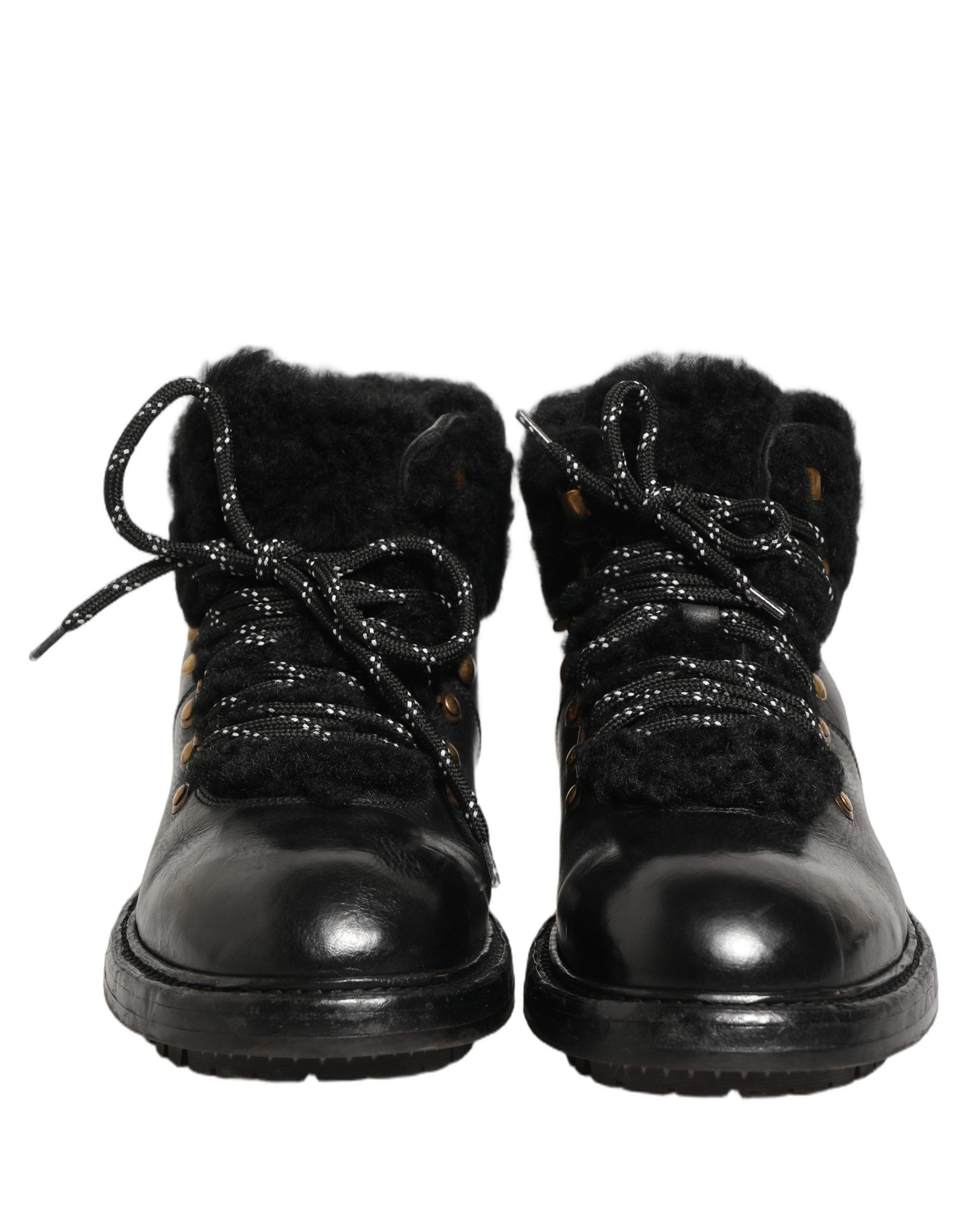 Dolce & Gabbana Black Trekking Fur Lace Leather Boots Shoes