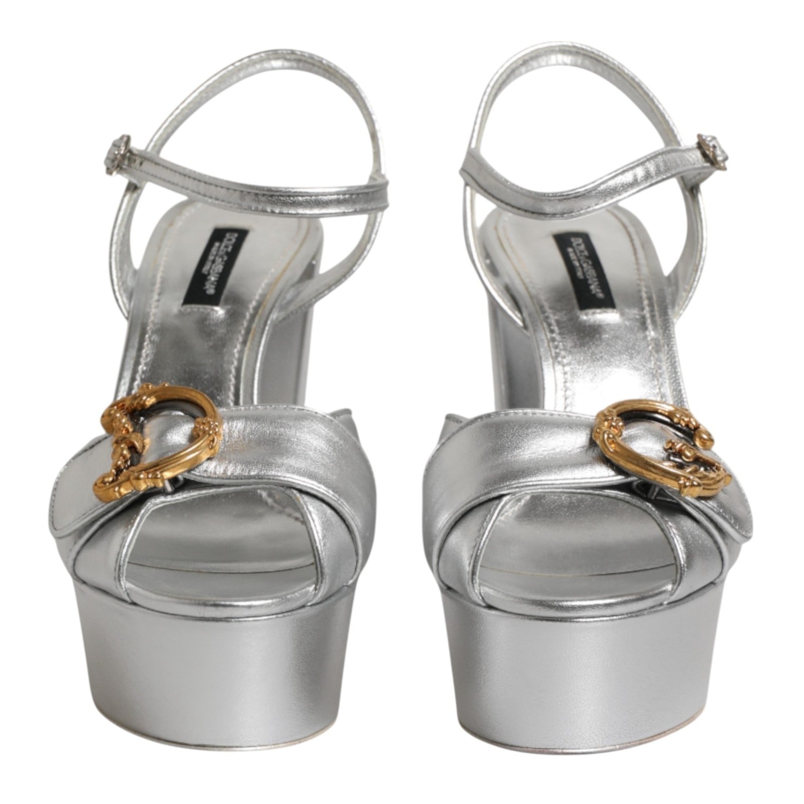 Dolce & Gabbana Silver Logo Ankle Strap Heels Sandals Shoes